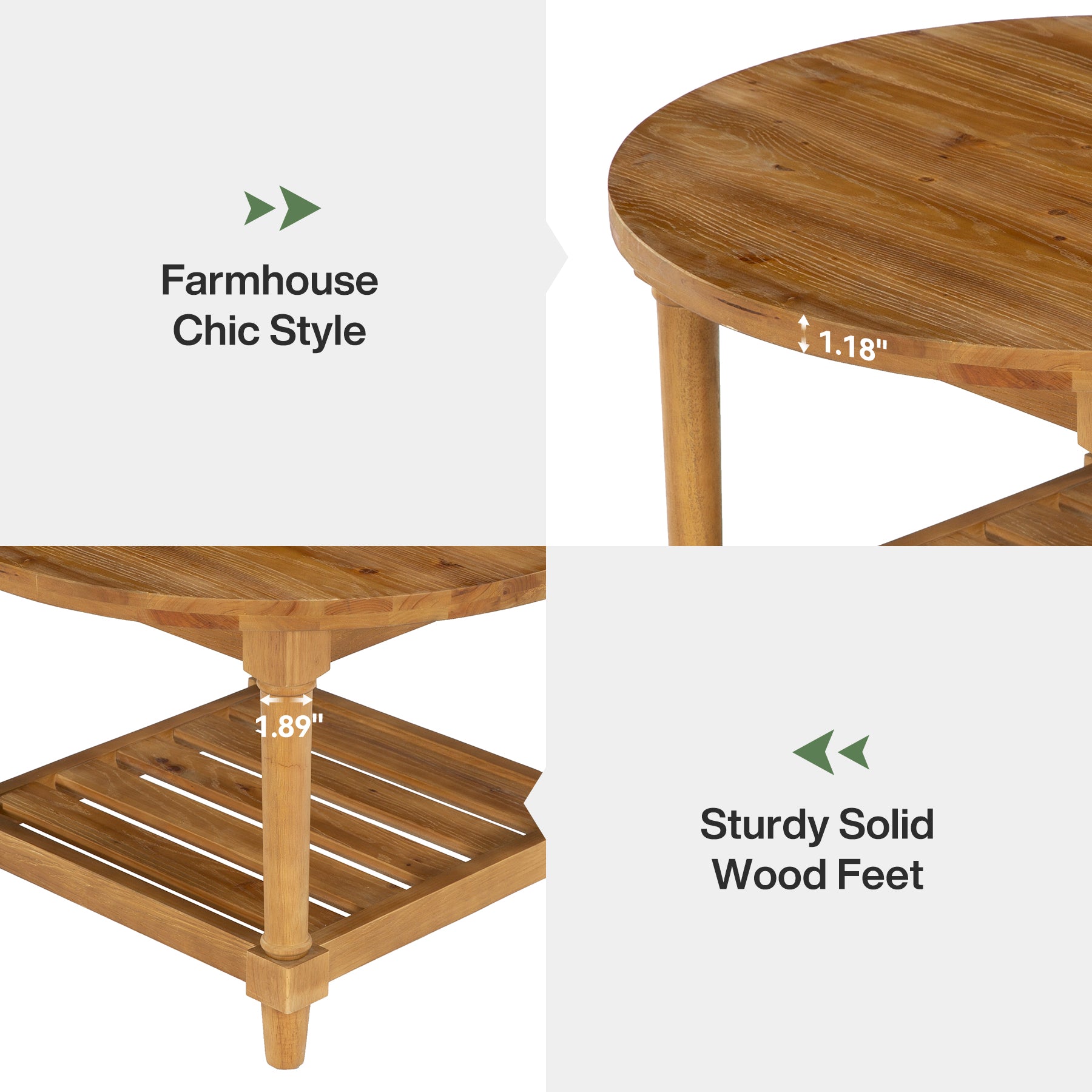 Solid Wood Round Coffee Table, 31.5" Center Table with 2-Tier Storage