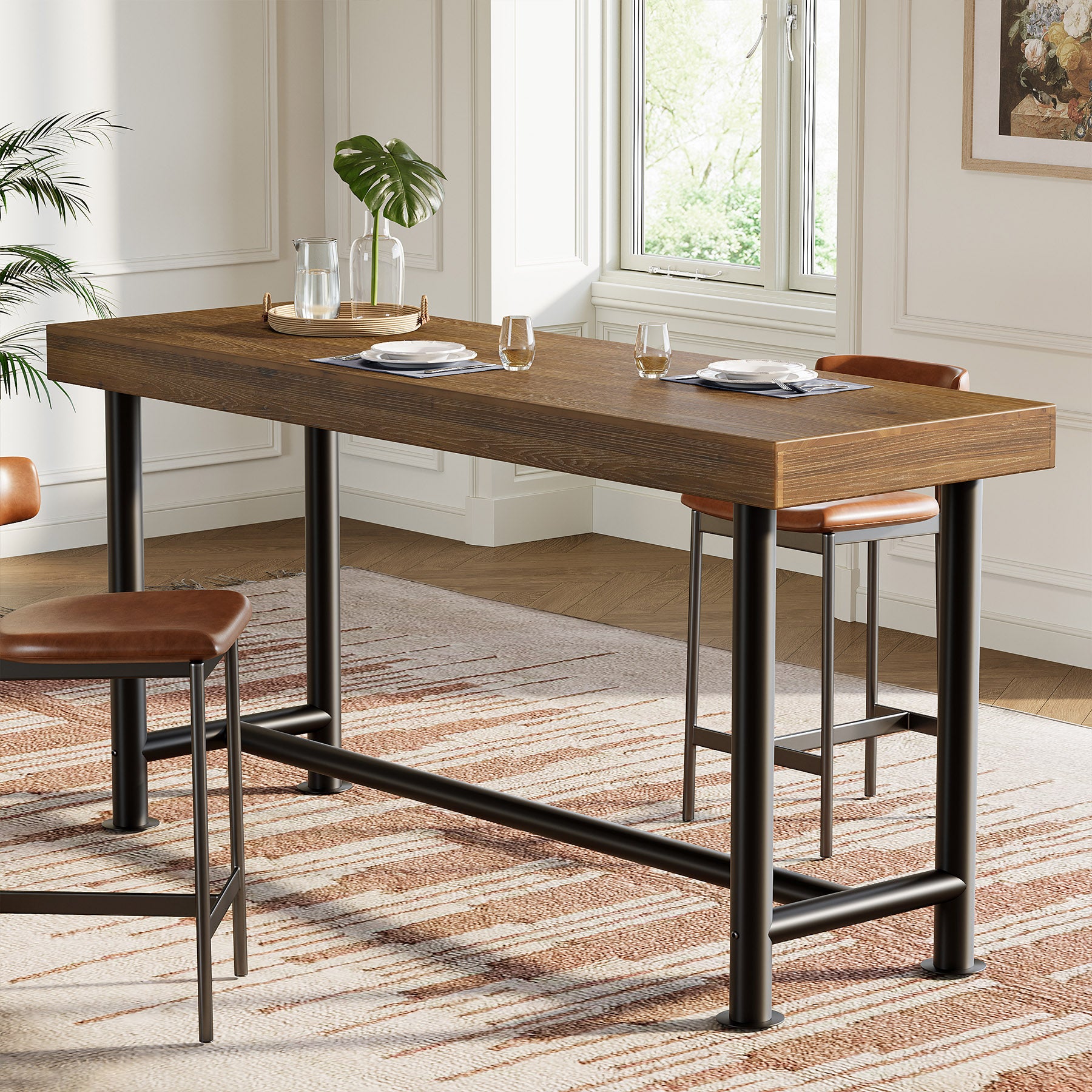 63" Solid Wood Bar Table, Rectangular Counter Height Pub Table with Metal Legs