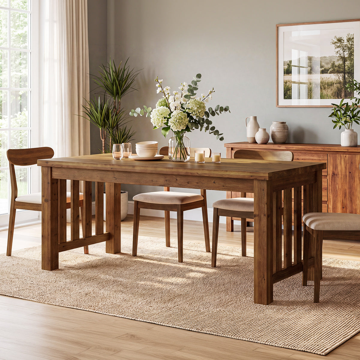 63" Farmhouse Solid Wood Dining Table for 4-6, Sturdy Legs, Kitchen Table