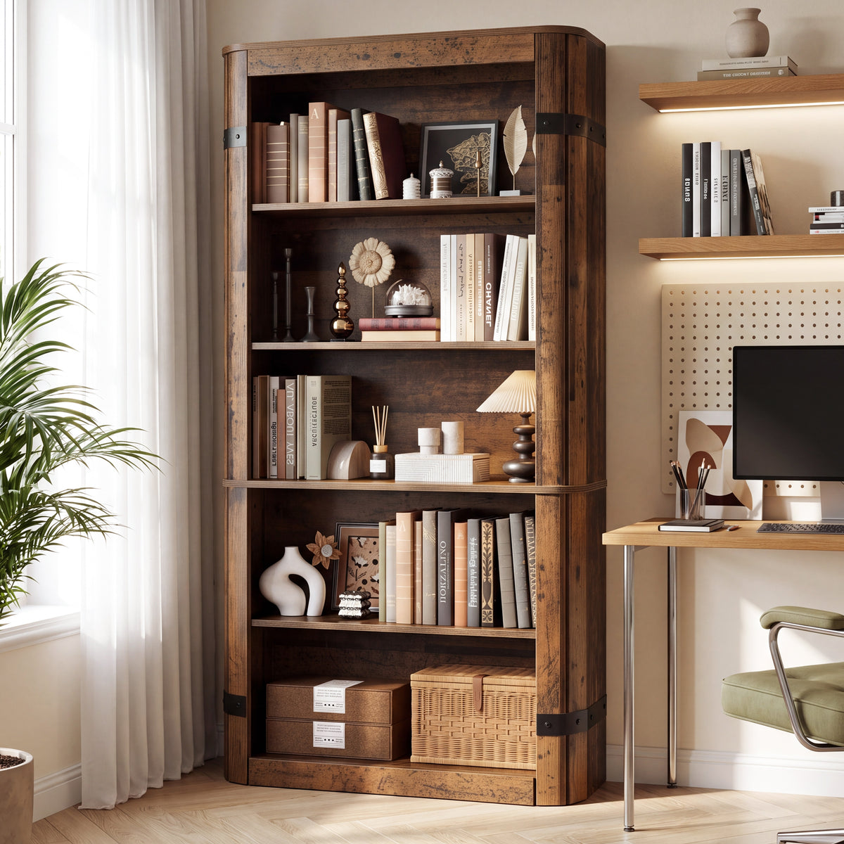 71" Tall Farmhouse Bookshelf, 5-Tier Home Office Bookcase with Storage