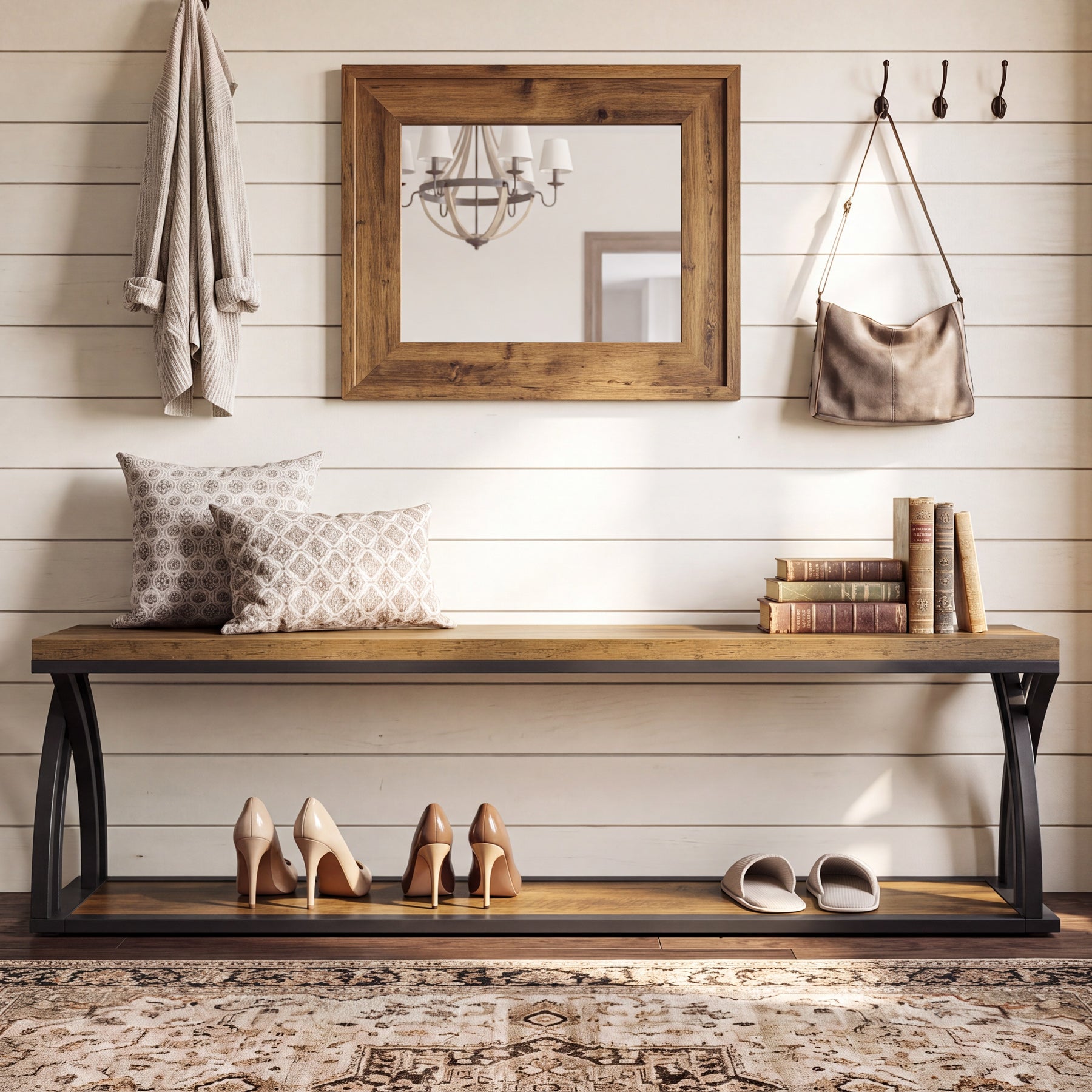 55" Industrial Entryway Bench with Shoe Storage, 2-Tier End of Bed Bench, Hallway