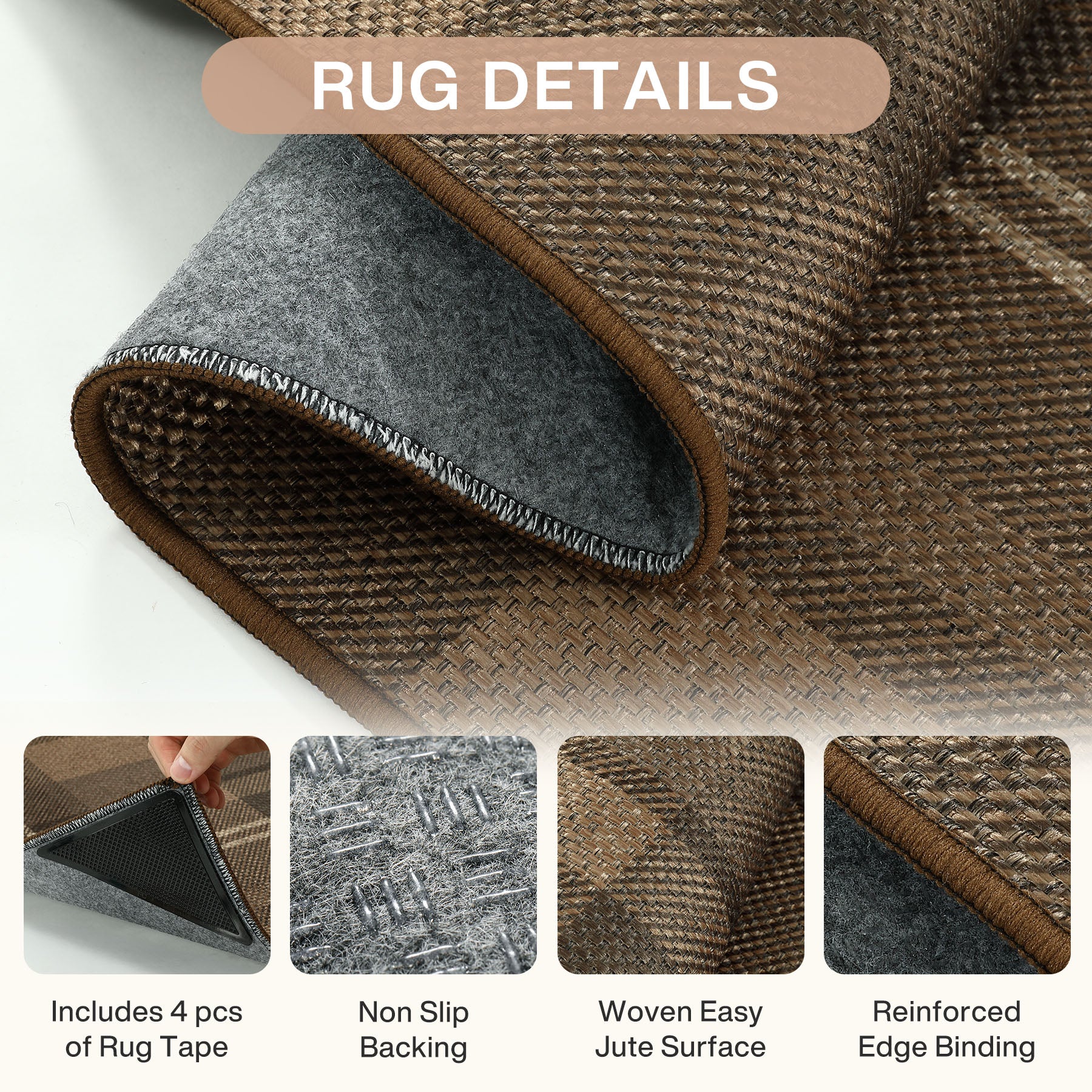 3x5/5x7 Plaid Easy Jute Washable Area Rug, Farmhouse Non-Slip Indoor Carpet for Porch Living Bedroom, Oeko-Tex Certified