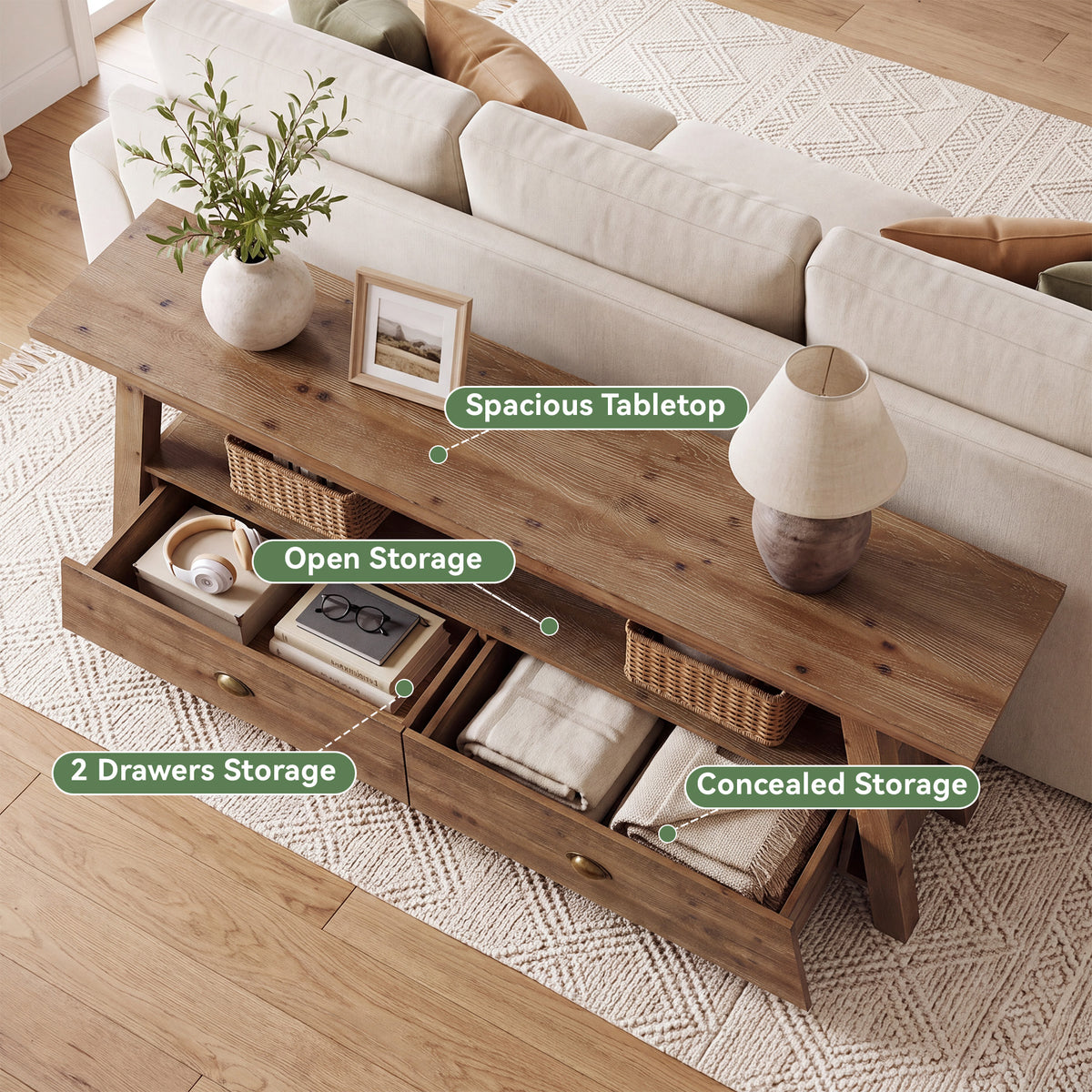 63" Console Table with Drawers, Farmhouse Solid Wood, 2-Tier A-Frame Entryway Table