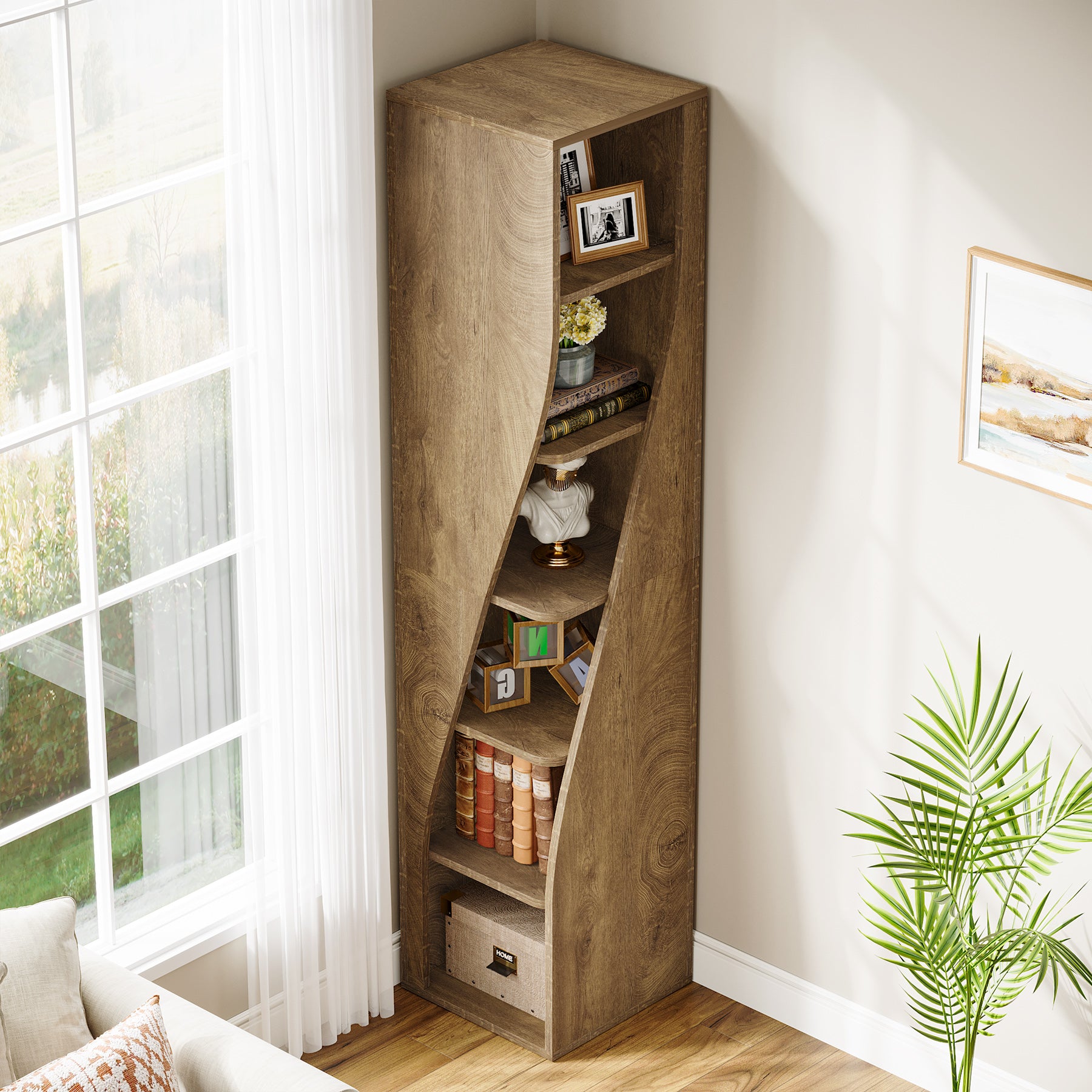 6-Tier Corner Bookcase, 70.8" Narrow Freestanding Bookshelf with Storage Shelves