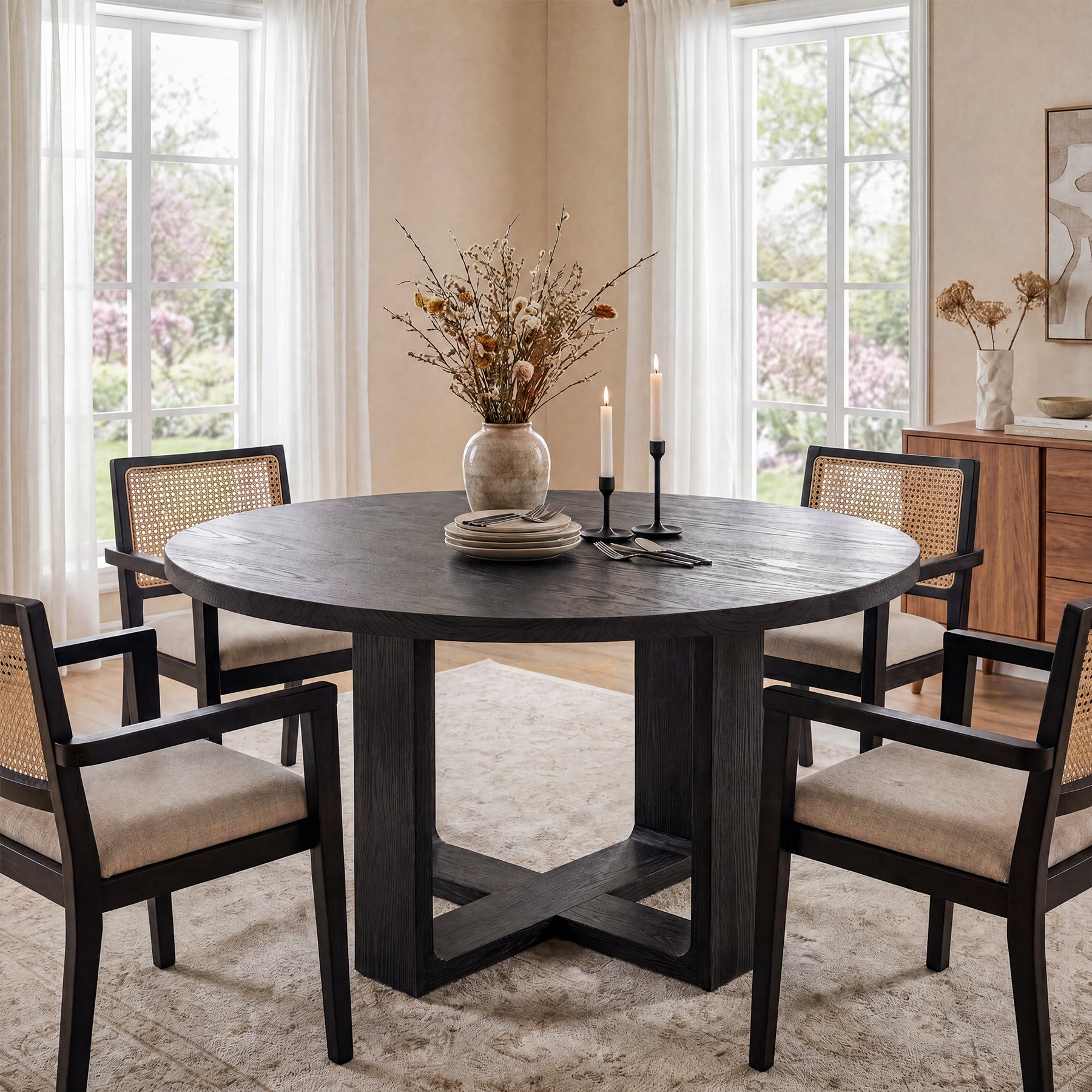 47.24" Round Solid Wood Dining Table, Black Kitchen Table for 4–6 with Cross-Shaped Base