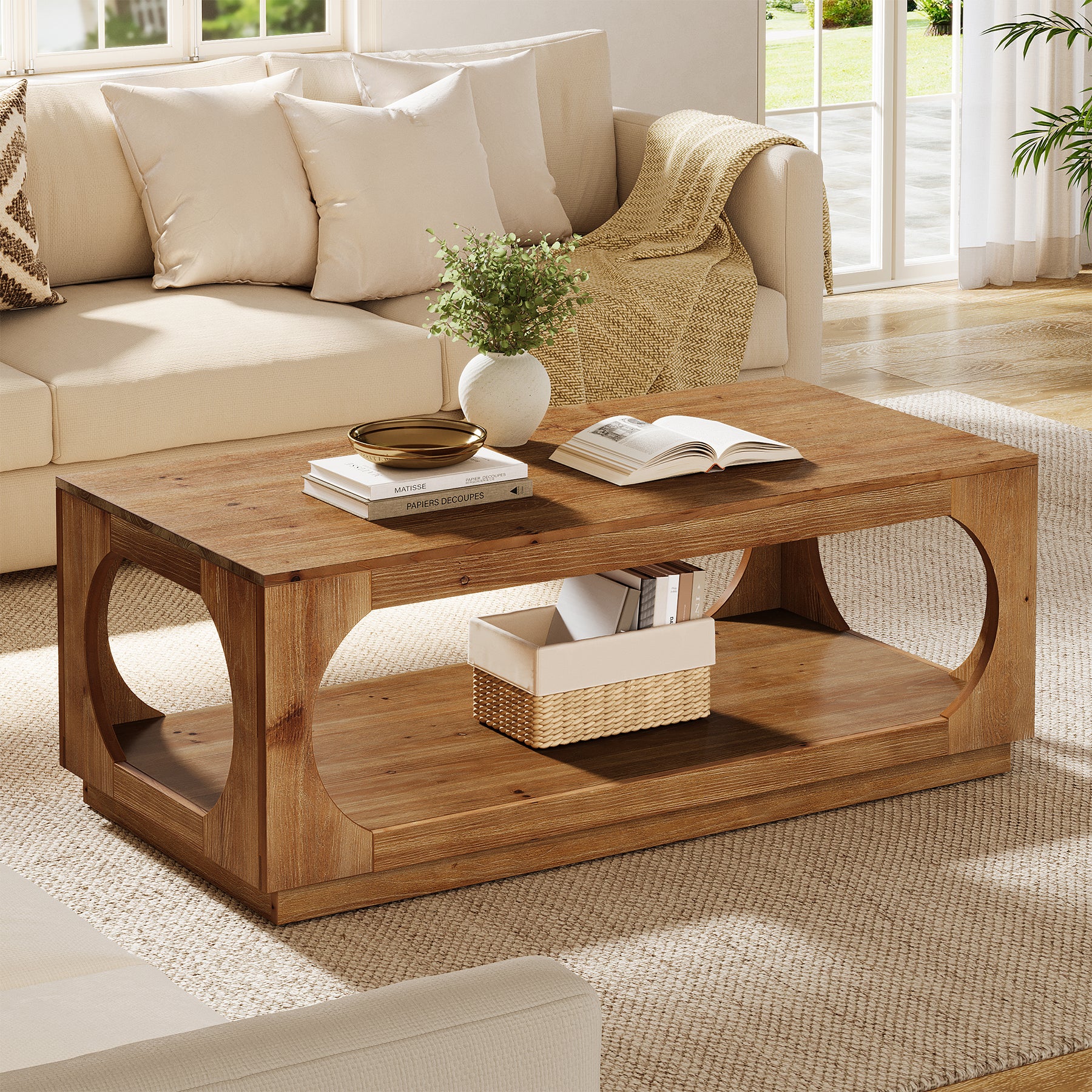 2-Tier Solid Wood Coffee Table, 47.2" Farmhouse Center Tables with Storage