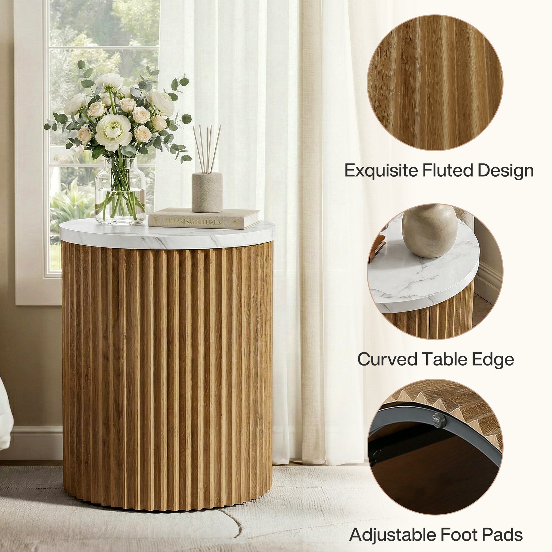 Round Nightstand, 23.6" Bedside Table with Faux Marble Tabletop & Fluted Base