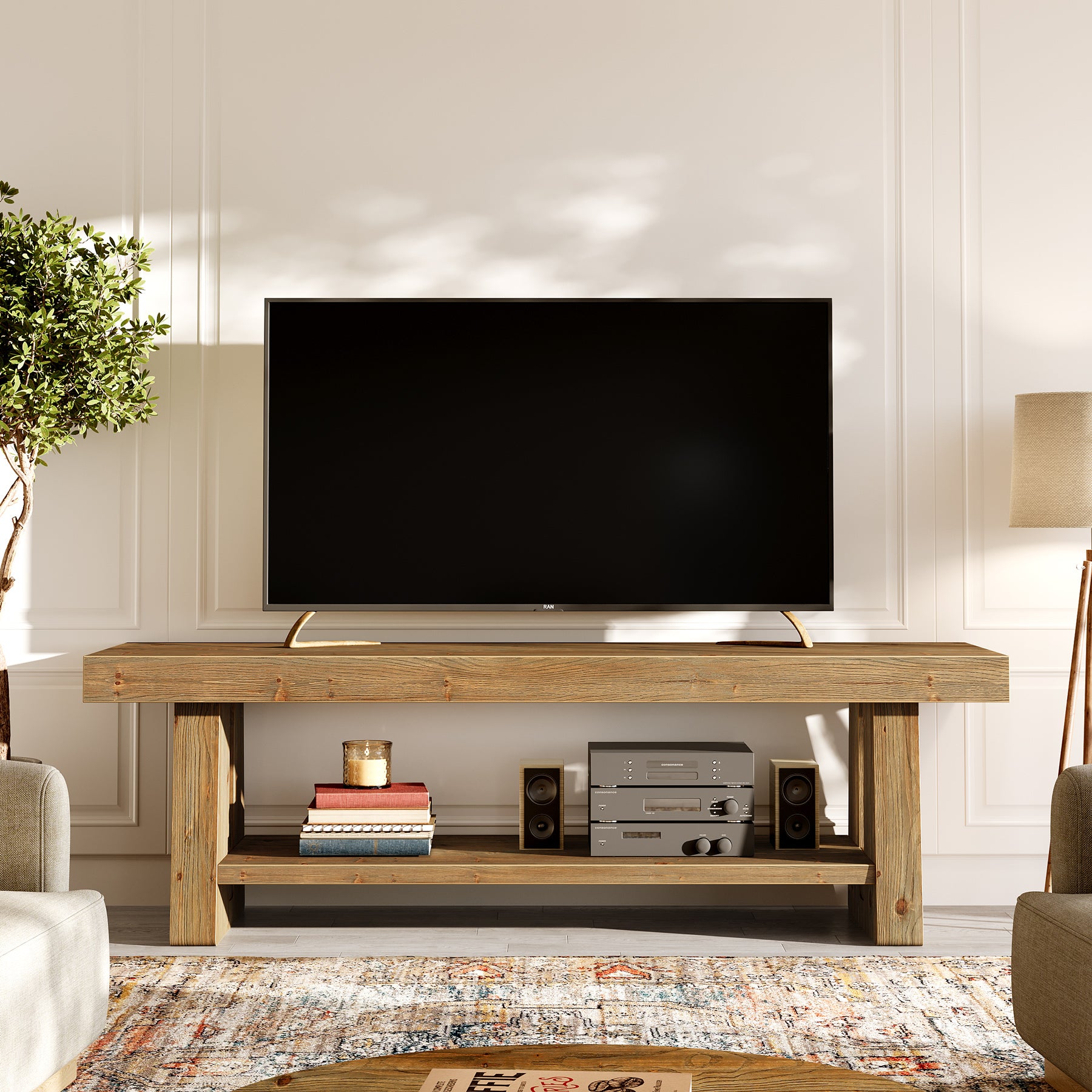 Solid Wood TV Stand for Up to 75 Inch TV, 2-Tier Farmhouse Media Console with Open Shelves