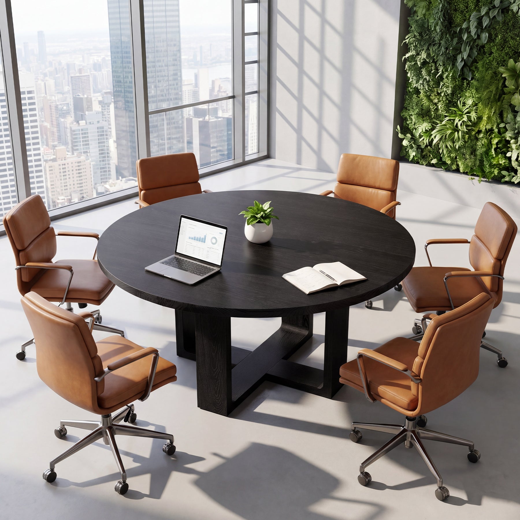 47.24" Black Solid Wood Conference Table, Round Meeting Table for 4–6 People with Cross-Shaped Base