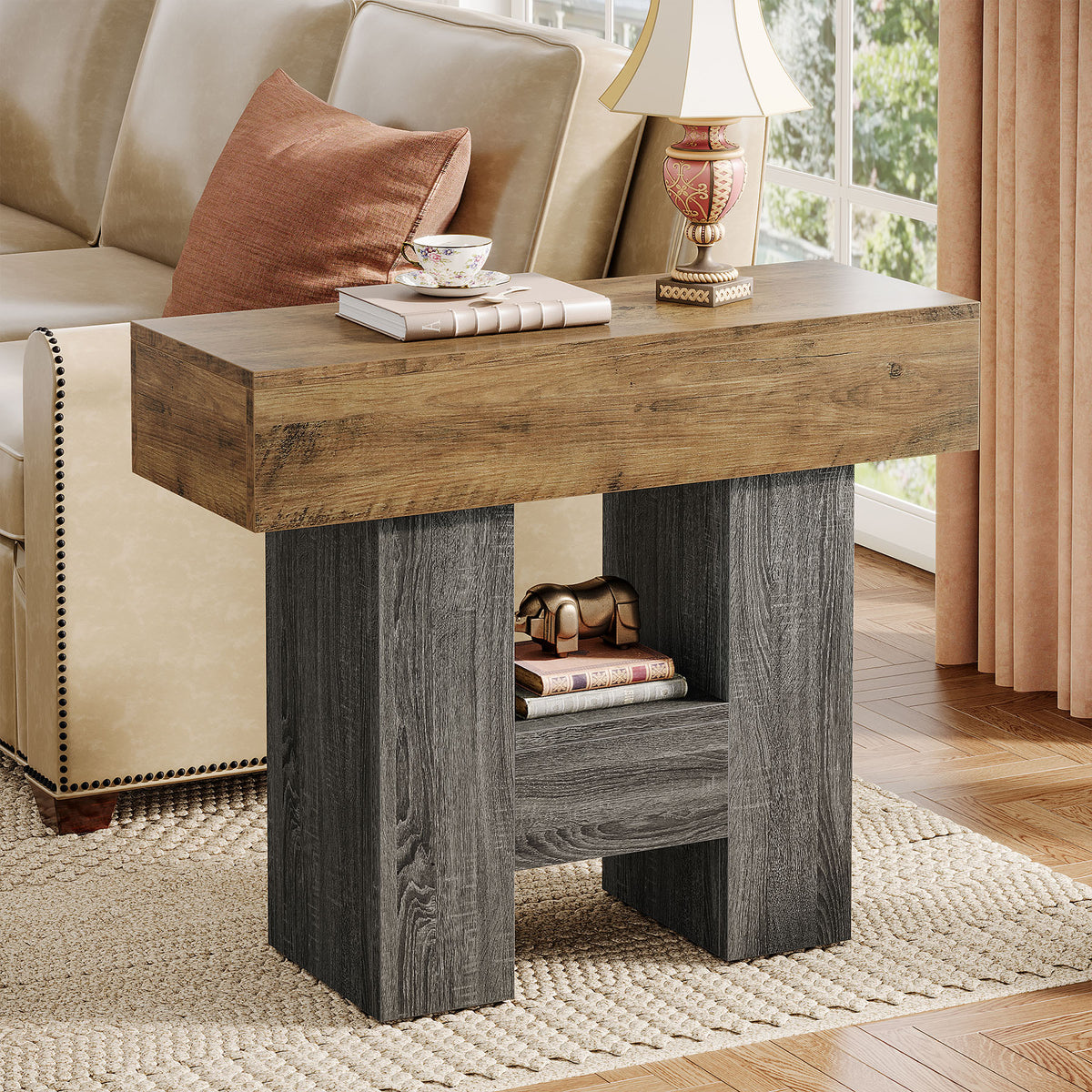 31.5" End Table, Farmhouse Sofa Side Table with 2-Tier Shelf and Heavy Duty Base