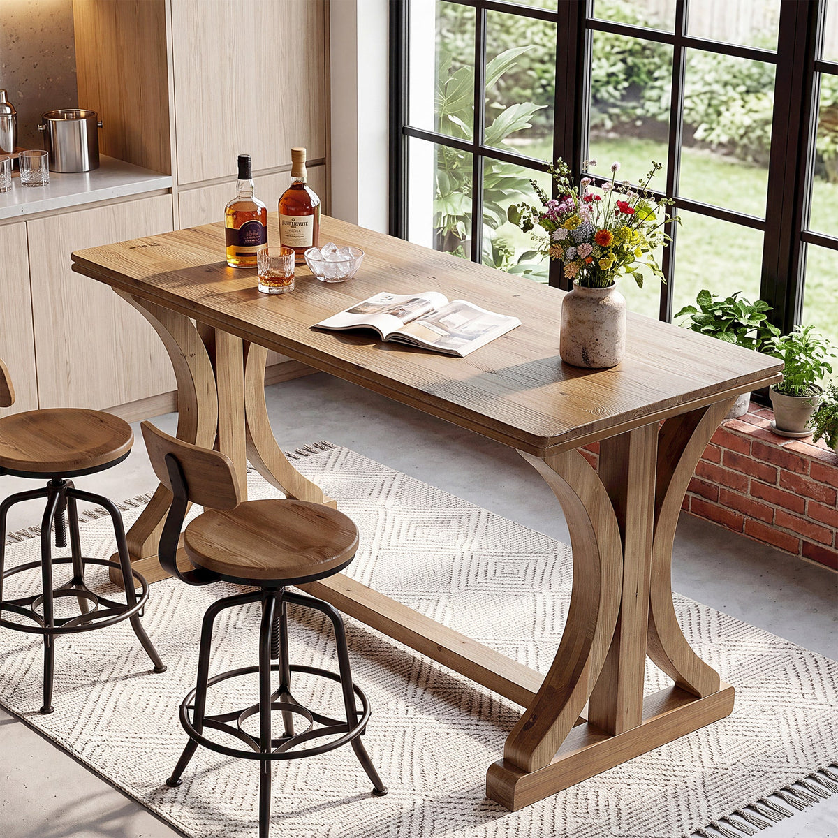 63" Counter Height Pub Table, Farmhouse Solid Wood Bar Table with X-Shaped Legs