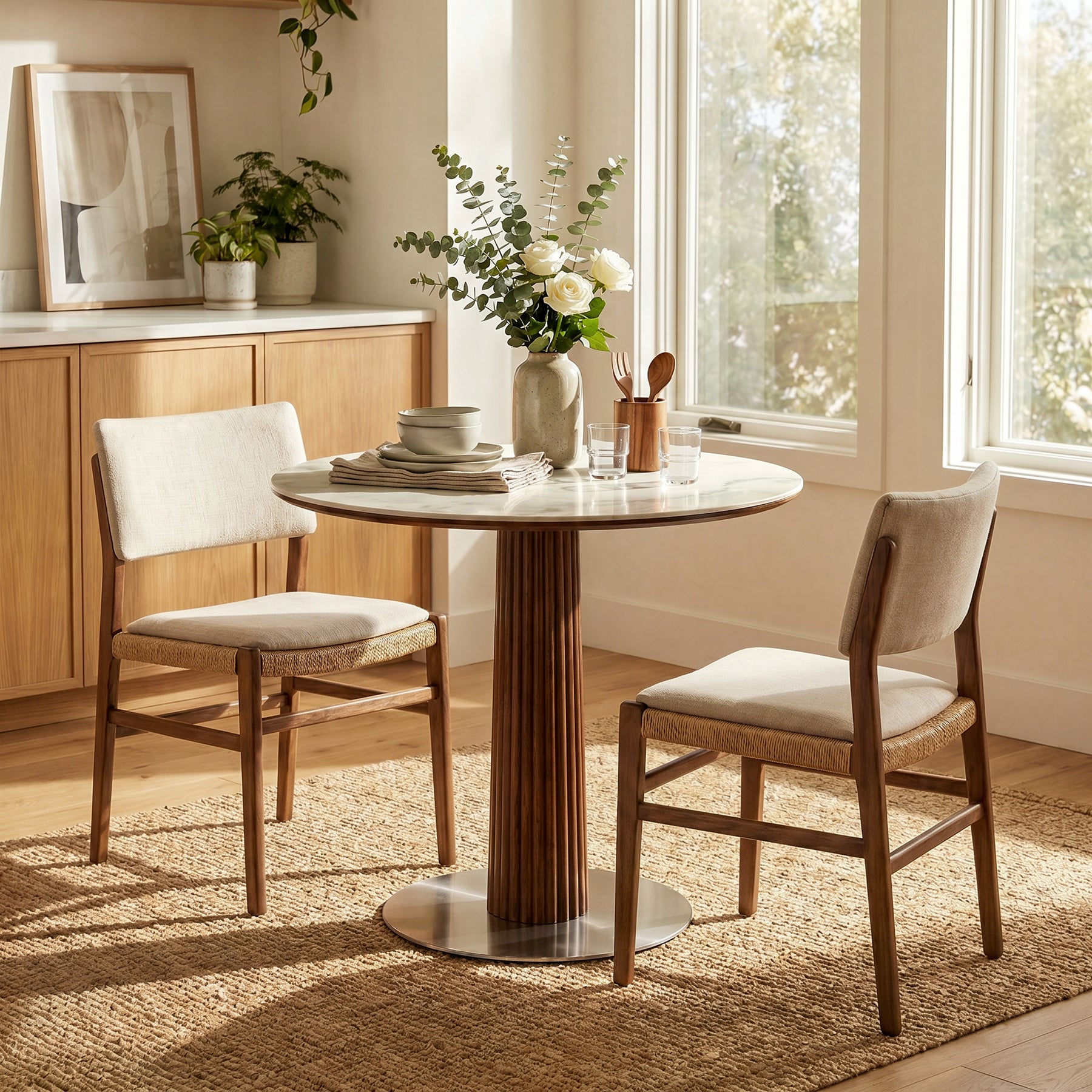 Round Dining Table, 31.5" Kitchen Table with Sintered Stone Tabletop & Steel Pedestal Base