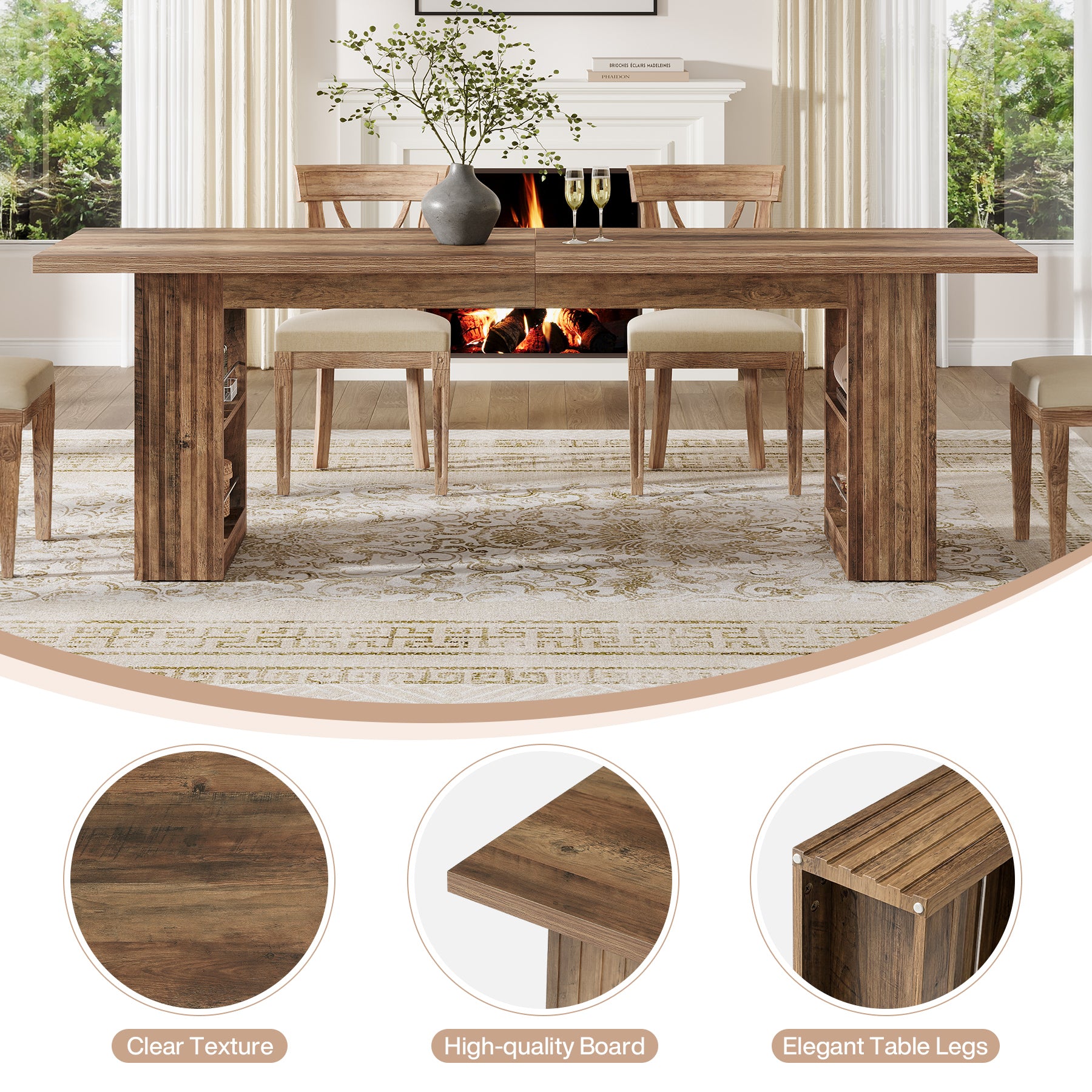79” Farmhouse Dining Table, Large Kitchen Table with Storage Shelves for Dining Room & Kitchen