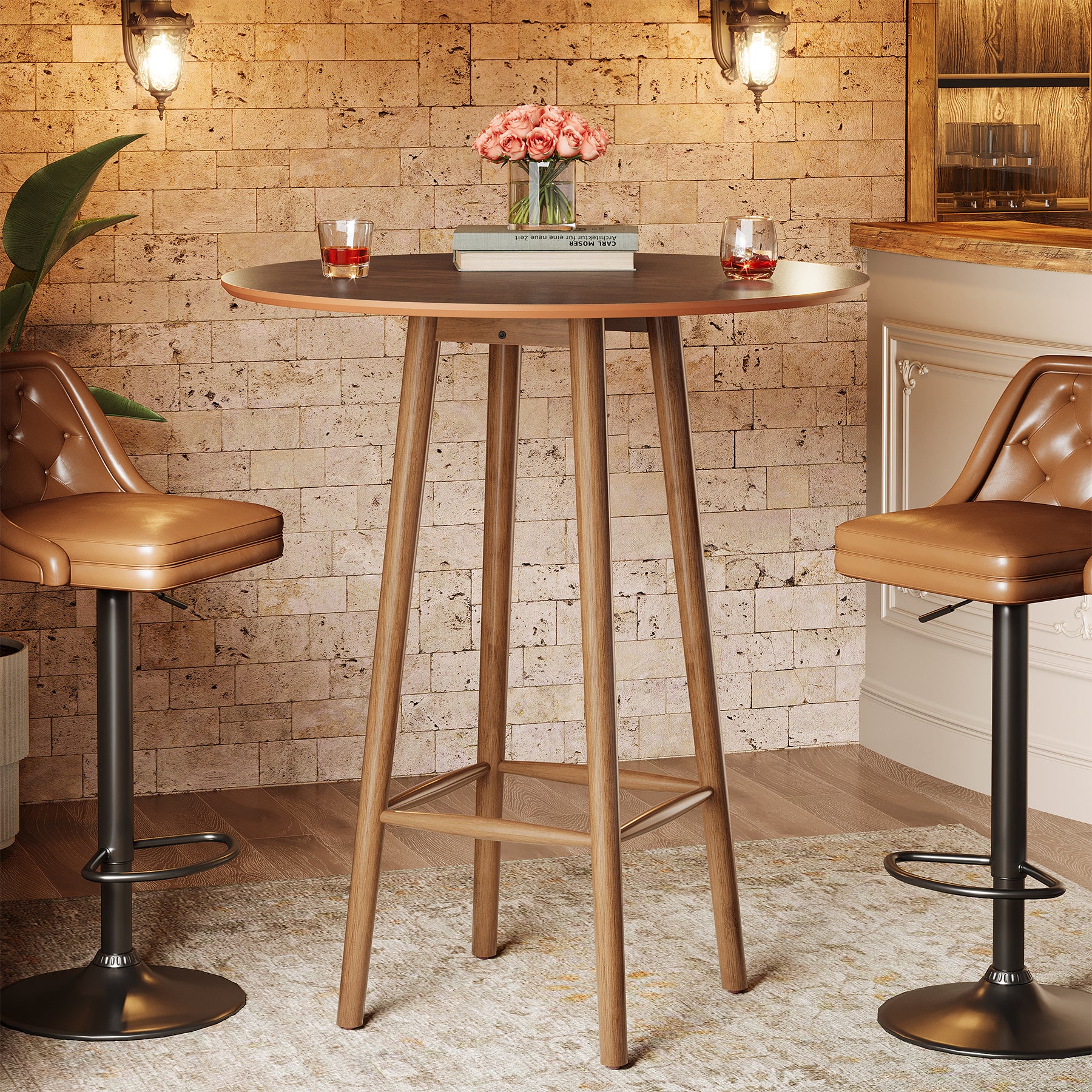 39.37"H Round Bar Table, Solid Wood Bistro Table with Sturdy Frame
