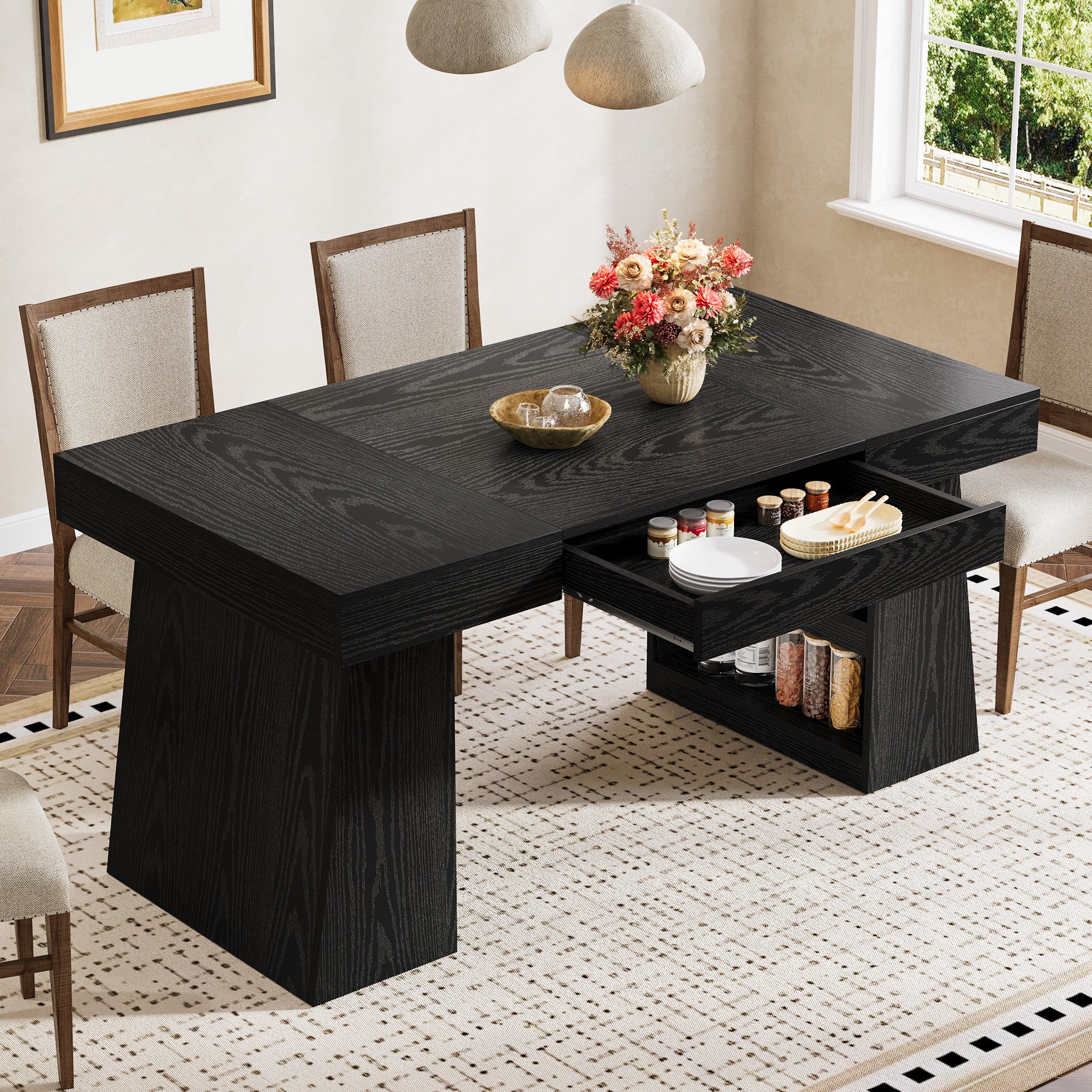 55" Dining Table, Wooden Kitchen Dinner Table with Storage Drawer for 4-6 People