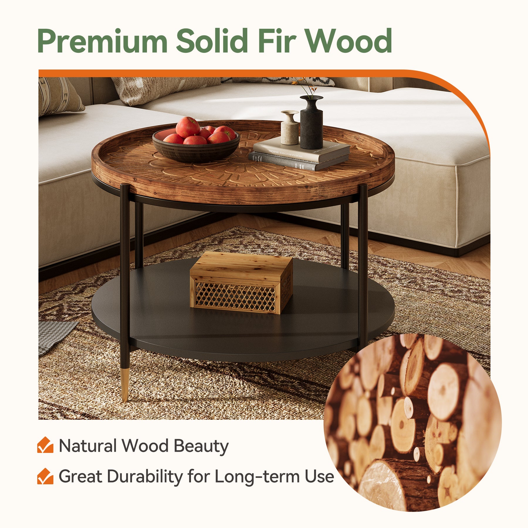 Solid Wood Round Coffee Table, 31.5" Center Tea Table with Metal Frame