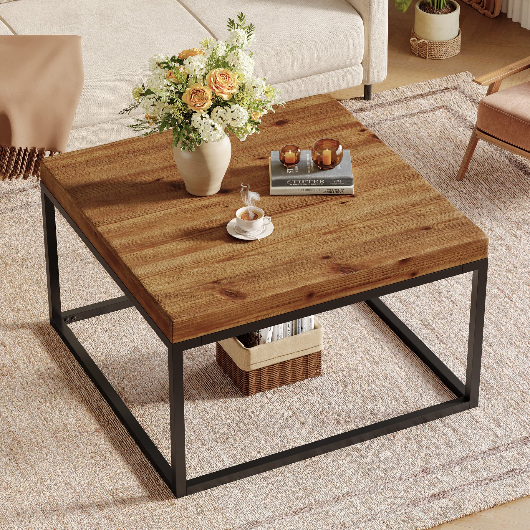 Square Solid Wood Coffee Table, 31.5" Farmhouse Center Table with Metal Frame