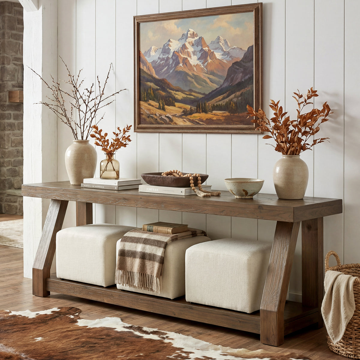 63" Solid Wood TV Stand for 65-75" TVs, Farmhouse Media Console with Open Shelf, Rustic Entertainment Center for Living Room