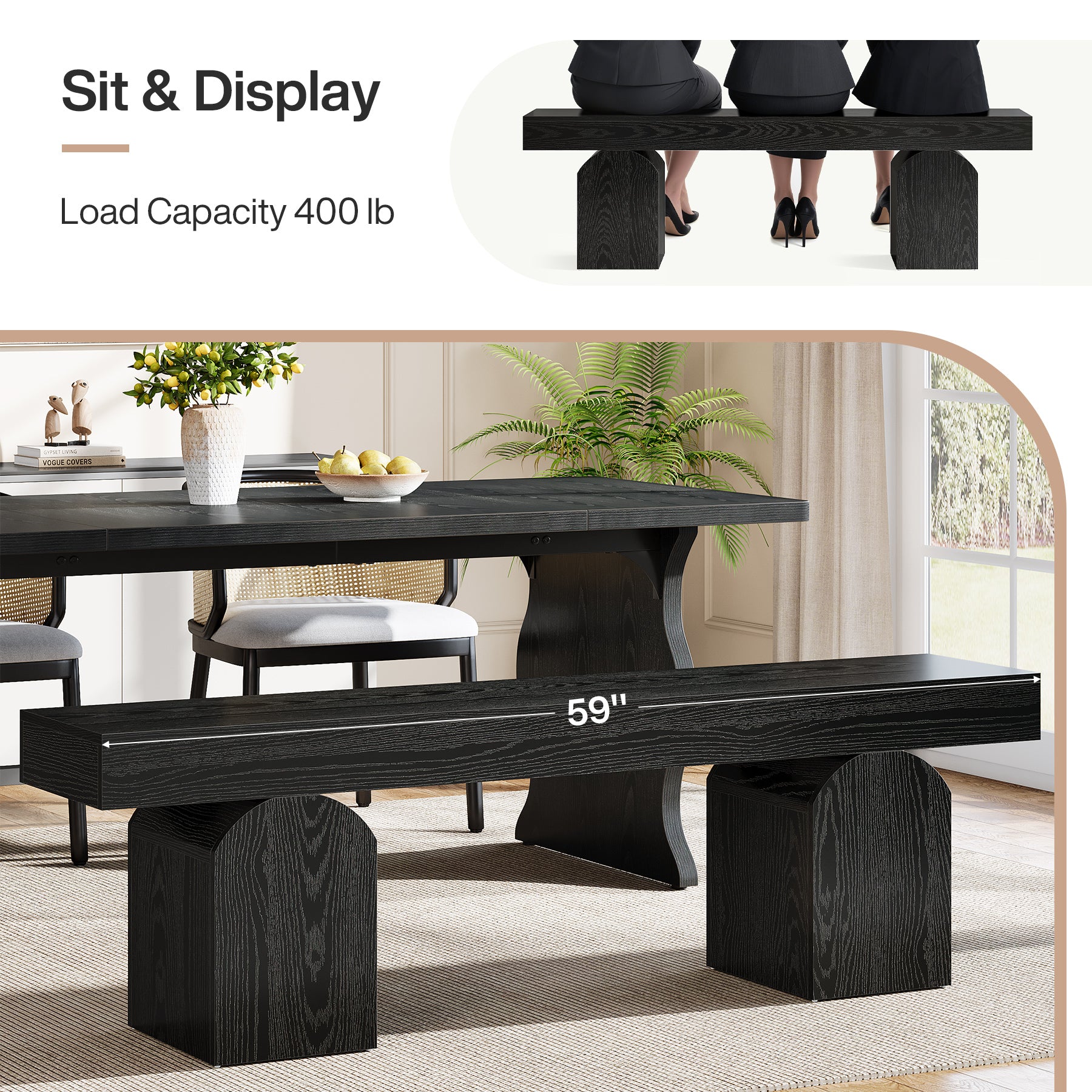 59" Dining Bench, Modern Kitchen Seating with Arched Base for 2 to 3