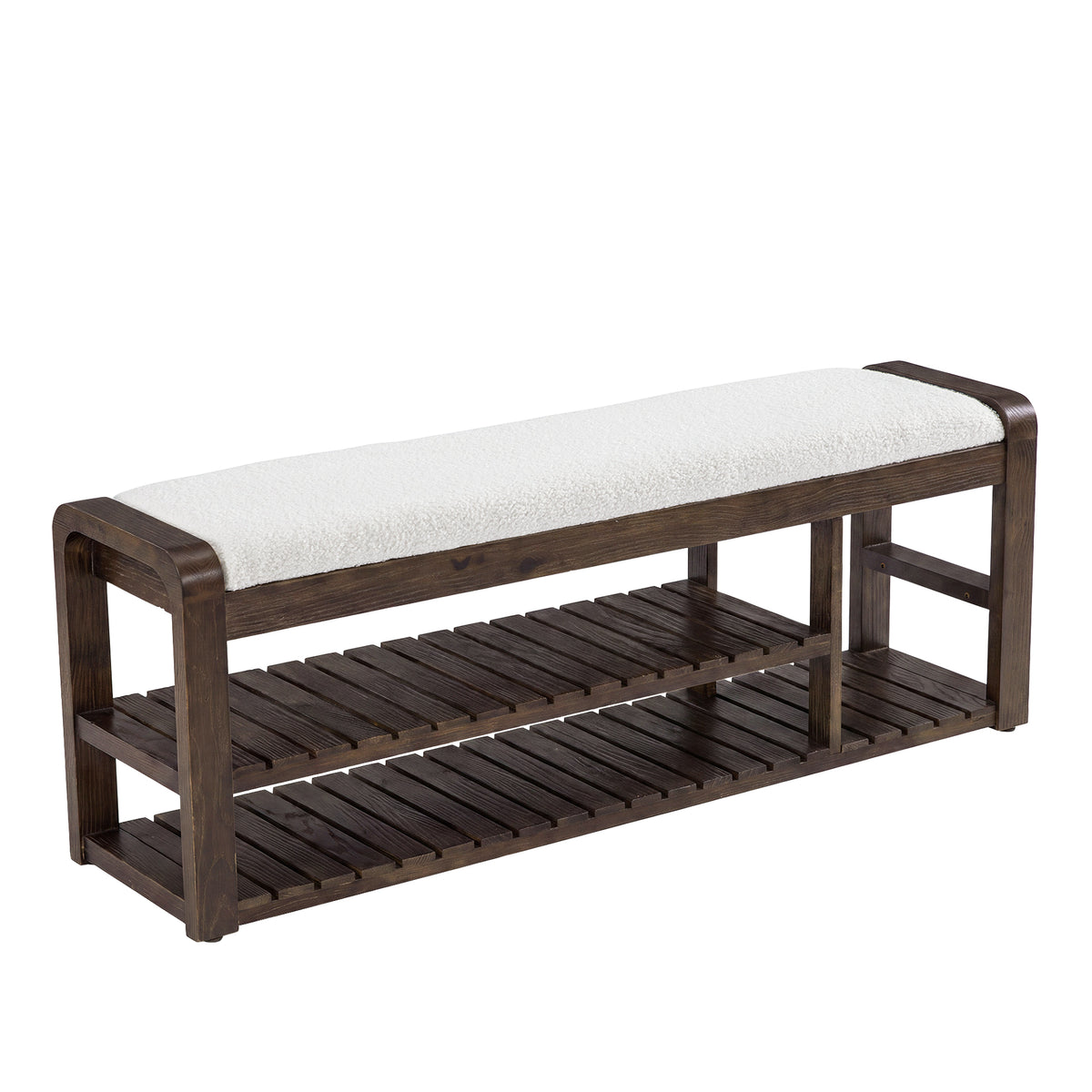 55" Solid Wood Shoe Storage Bench, Upholstered Entryway Bench with Removable Cushion