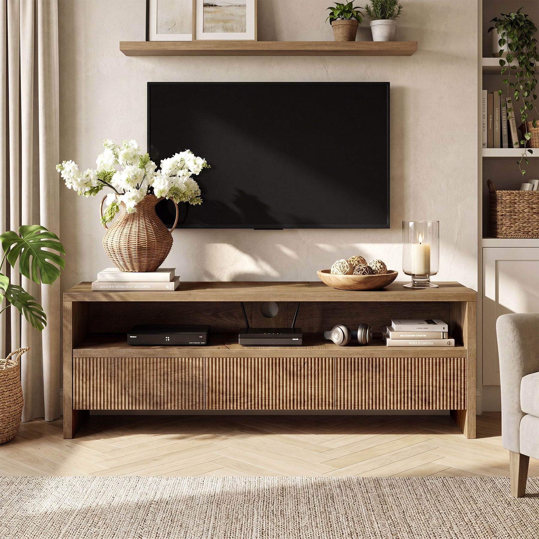 Tribesigns 63-Inch TV Stand with 3 Drawers and Open Shelves, Farmhouse Media Console for Living Room