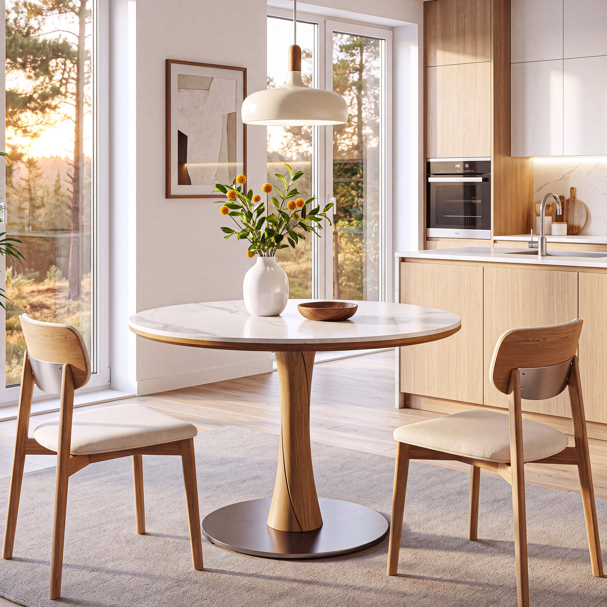 35" Round Dining Table for 2-4, Sintered Stone Top, Rubberwood Pillar & Steel Base