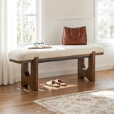 63" Upholstered Entryway Bench with Faux Shearling Cushion, Modern Farmhouse Shoe Bench 3