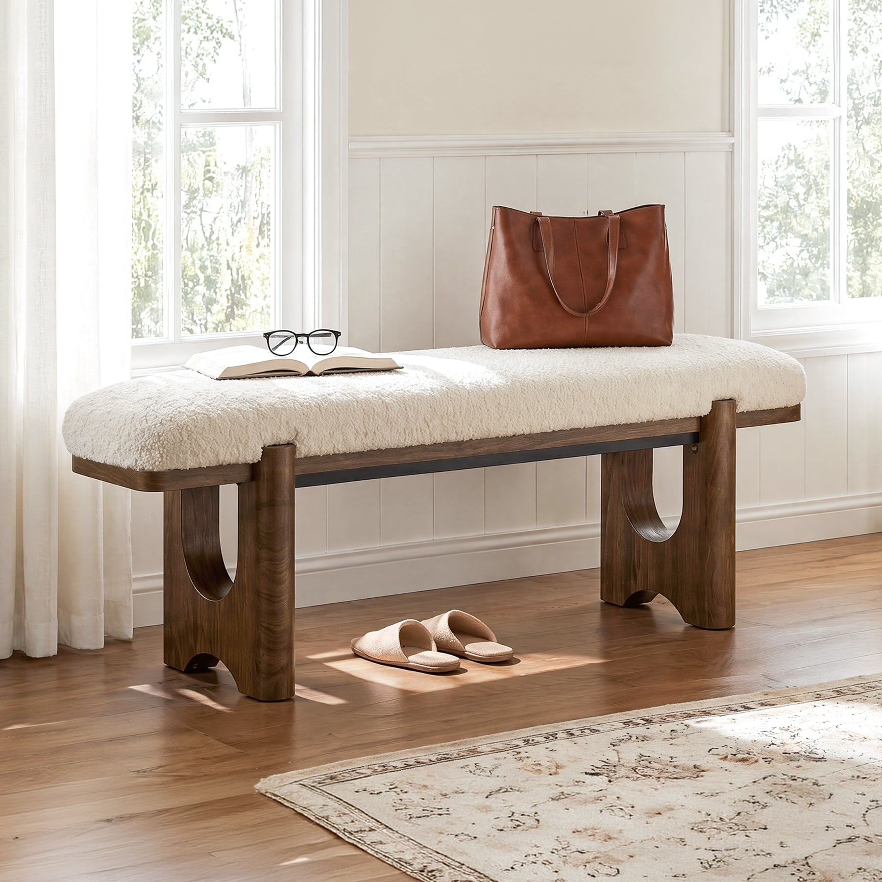 63" Upholstered Entryway Bench with Faux Shearling Cushion, Modern Farmhouse Shoe Bench