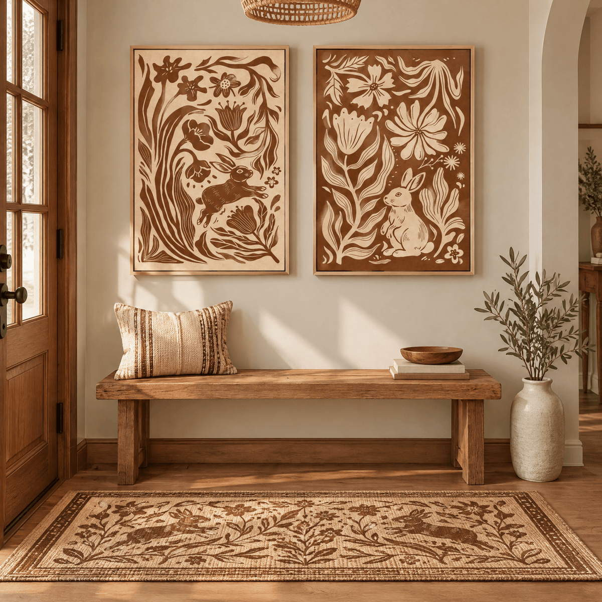 Tribesigns 2-Piece Modern Boho Rabbit Wall Art, Earthy Floral Framed Canvas Prints