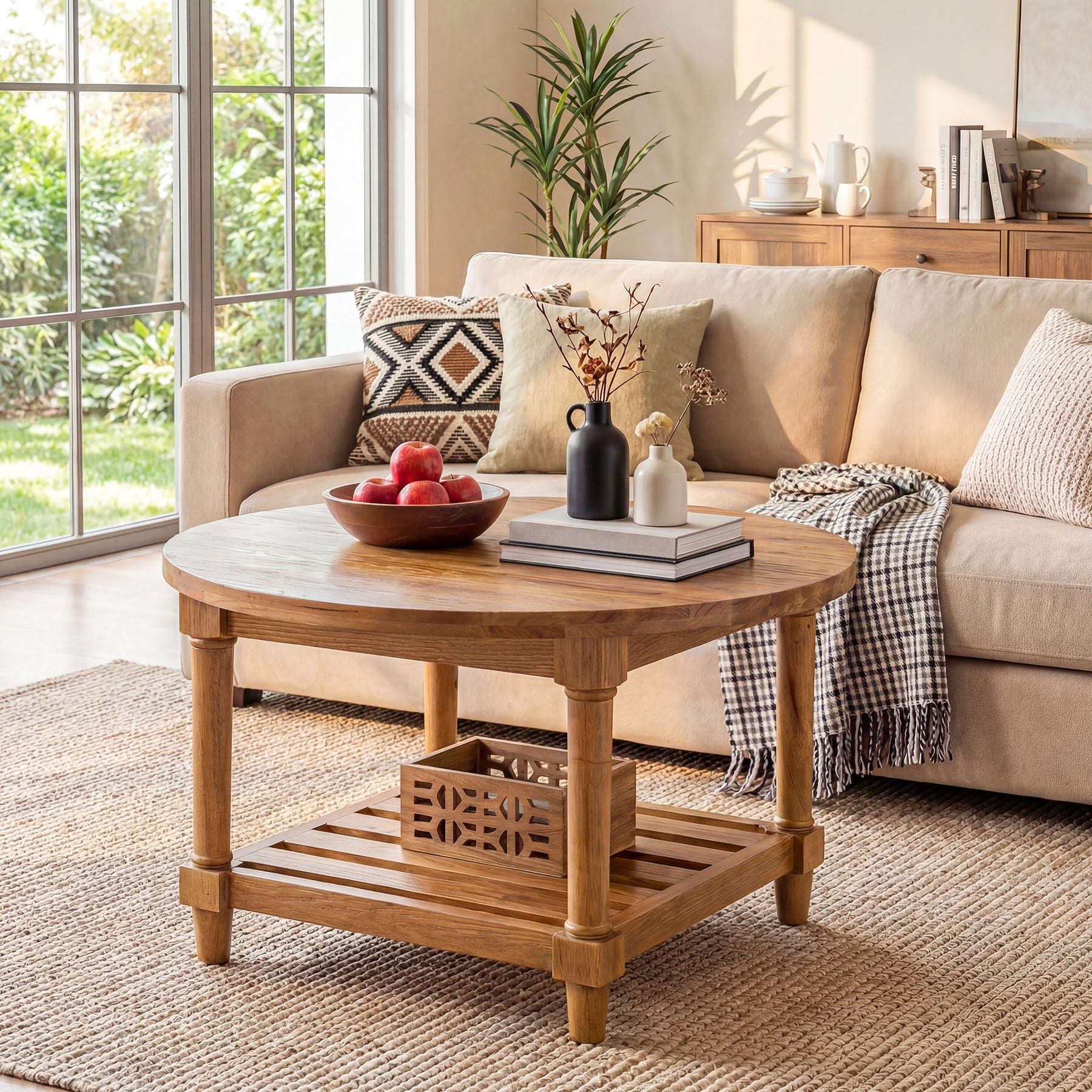 Solid Wood Round Coffee Table, 31.5" Center Table with 2-Tier Storage