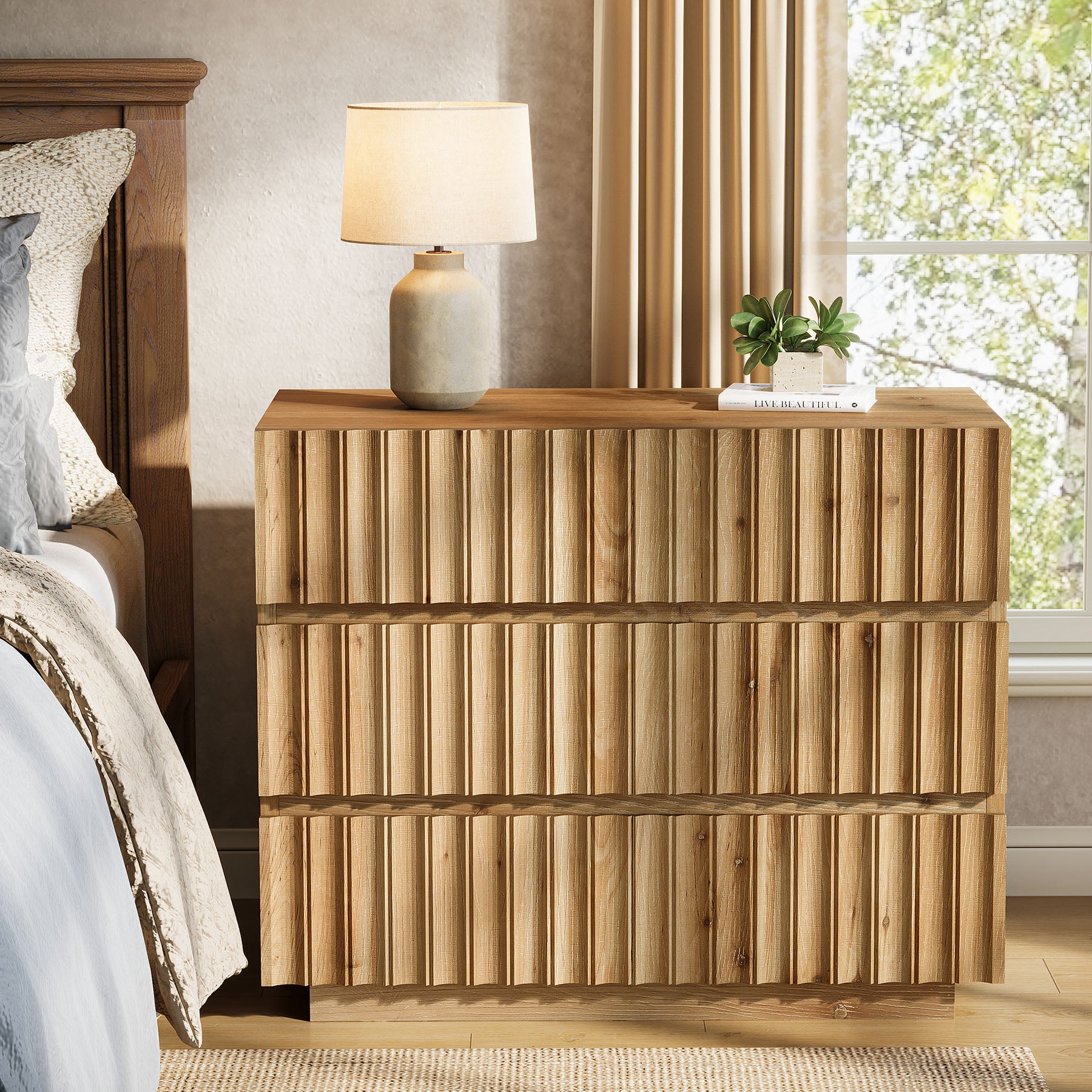 Oversized Solid Wood Nightstand, 31.5" Bedside Table with 3 Drawers