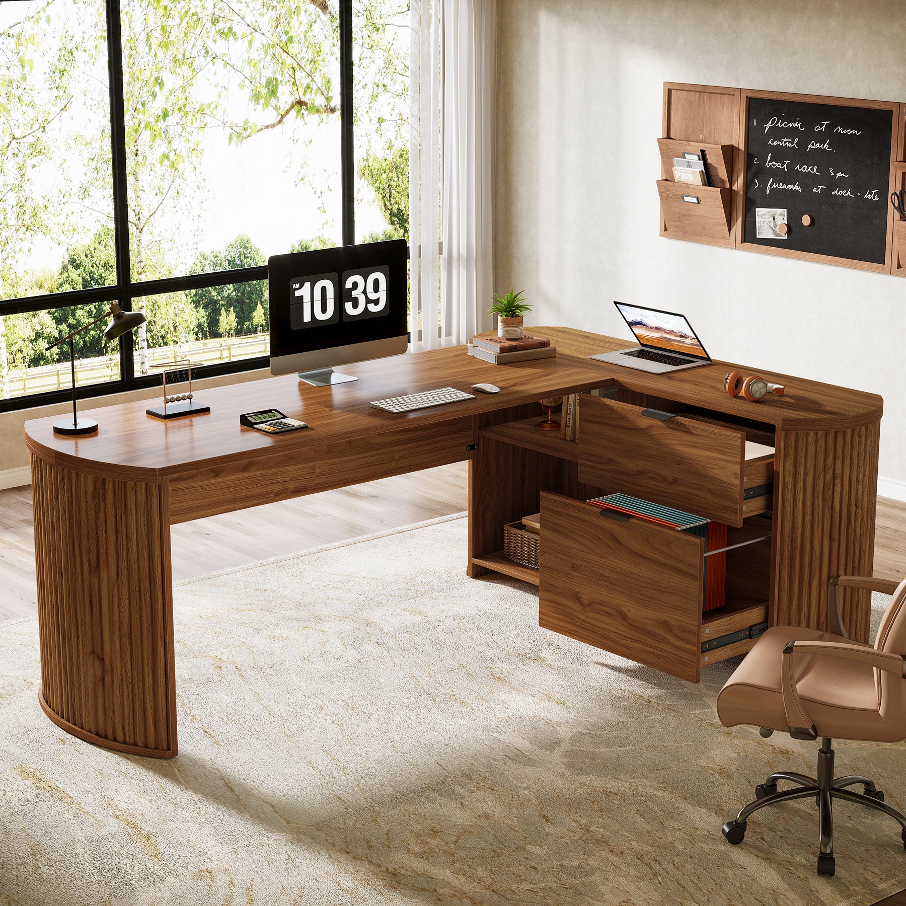 79" L-Shaped Executive Desk, Large Computer Desk with File Drawers