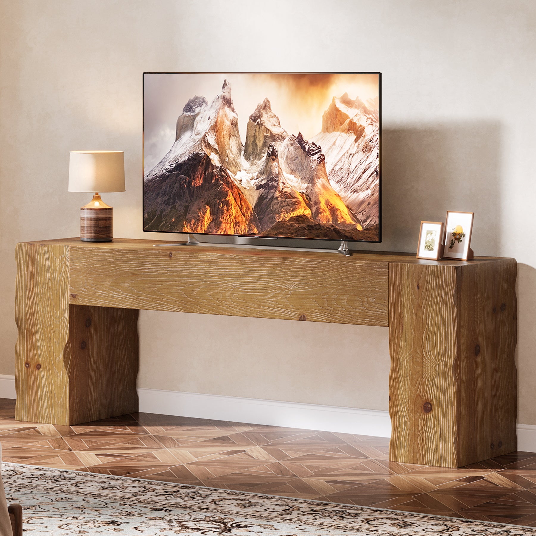 Solid Wood TV Stand with Hand Carved Wave Texture - Thumbnail 2