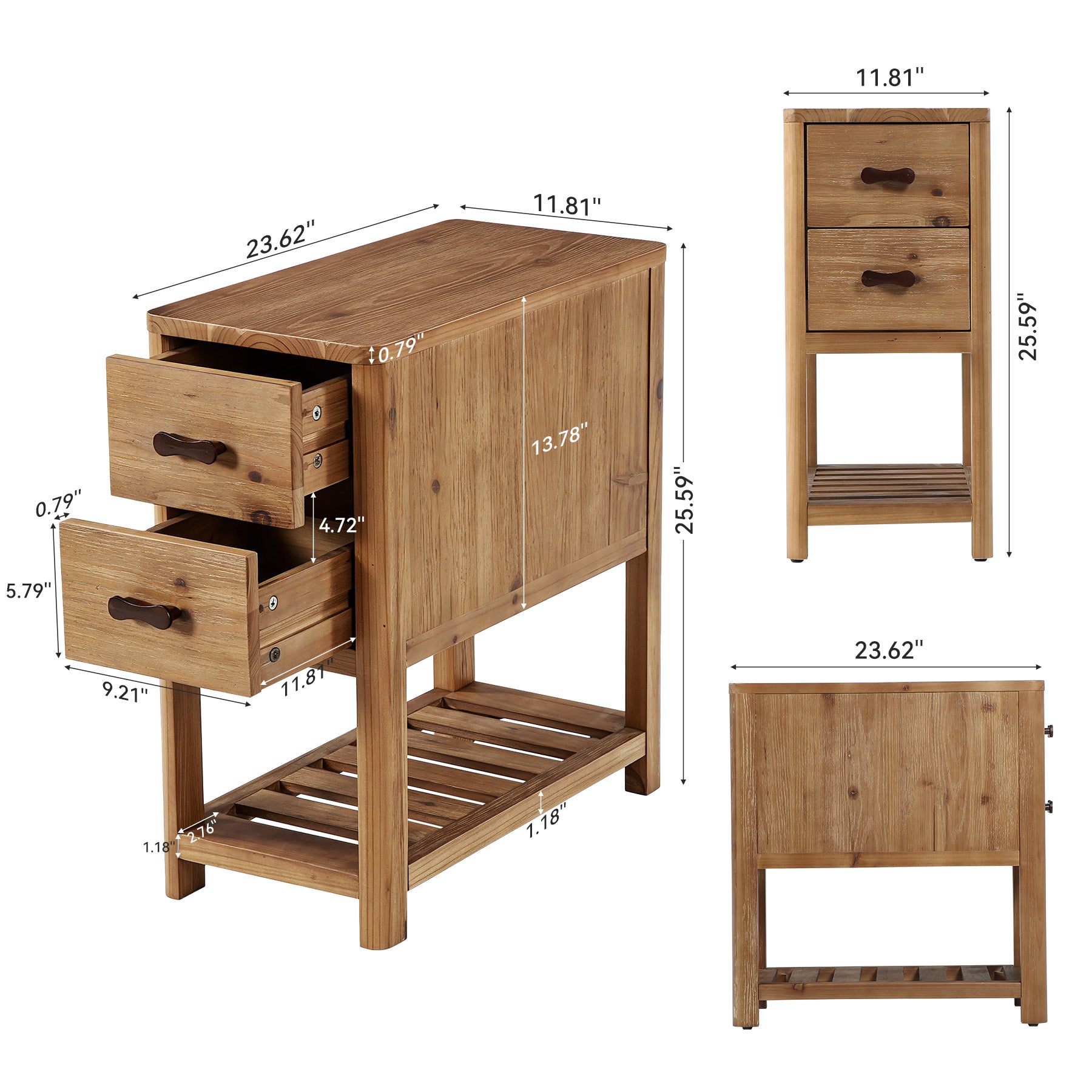 Farmhouse Narrow Nightstand with 2 Drawers, Solid Wood Skinny Bedside Table, Bedroom