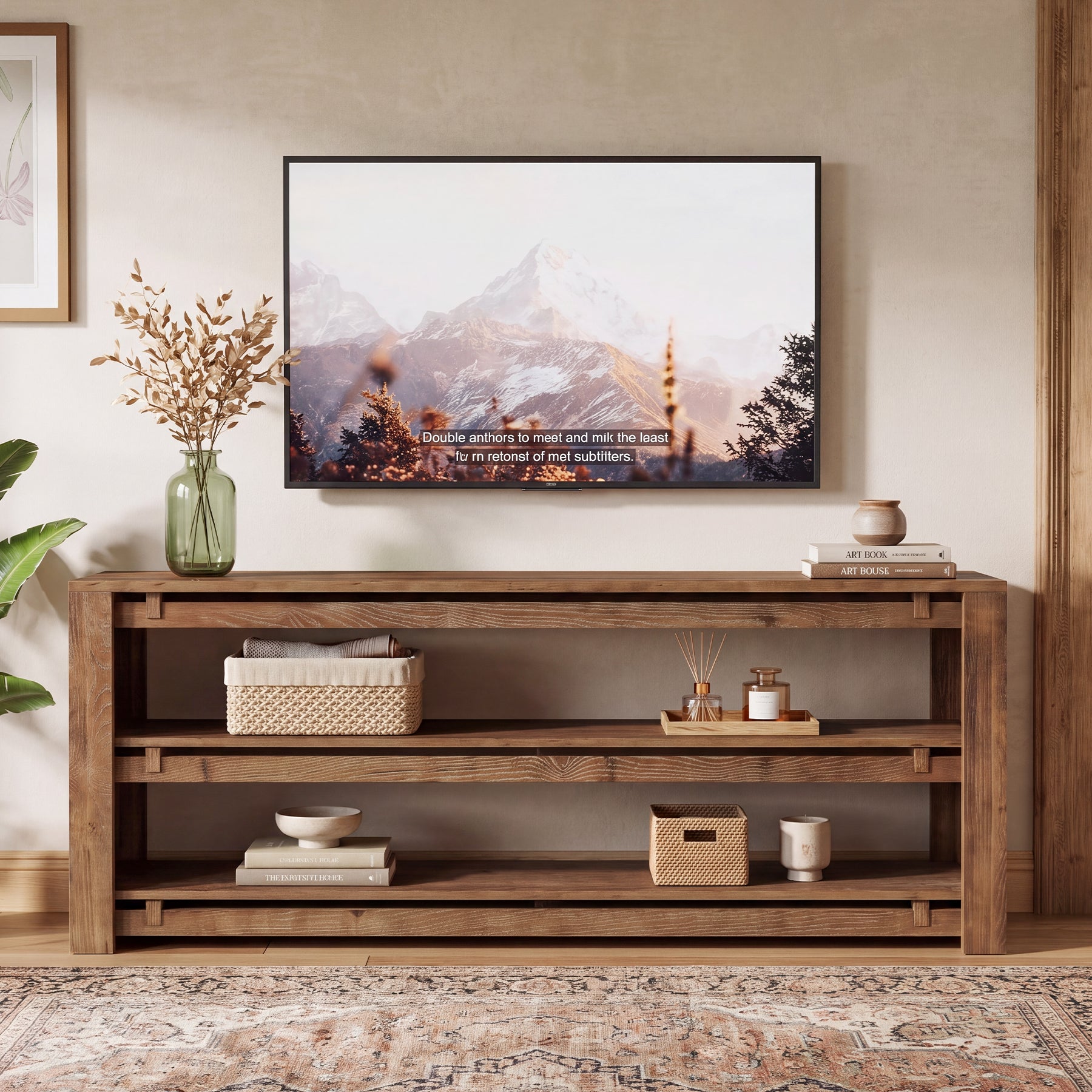 63" Solid Wood TV Stand Fits up to 75" Tvs, 3-Tier TV Console with Storage Shelves