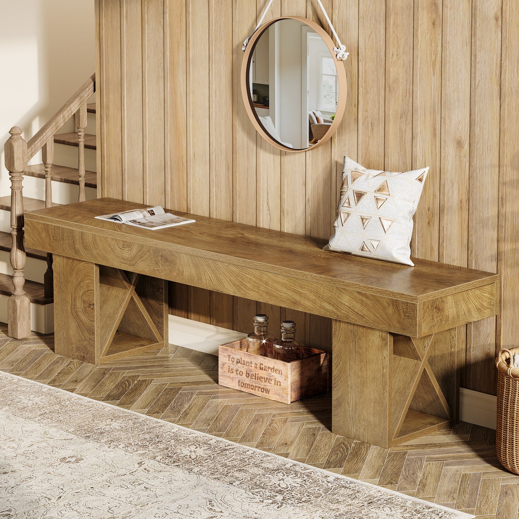 55" Entryway Bench, Farmhouse Shoe Bench Indoor End of Bed Stool