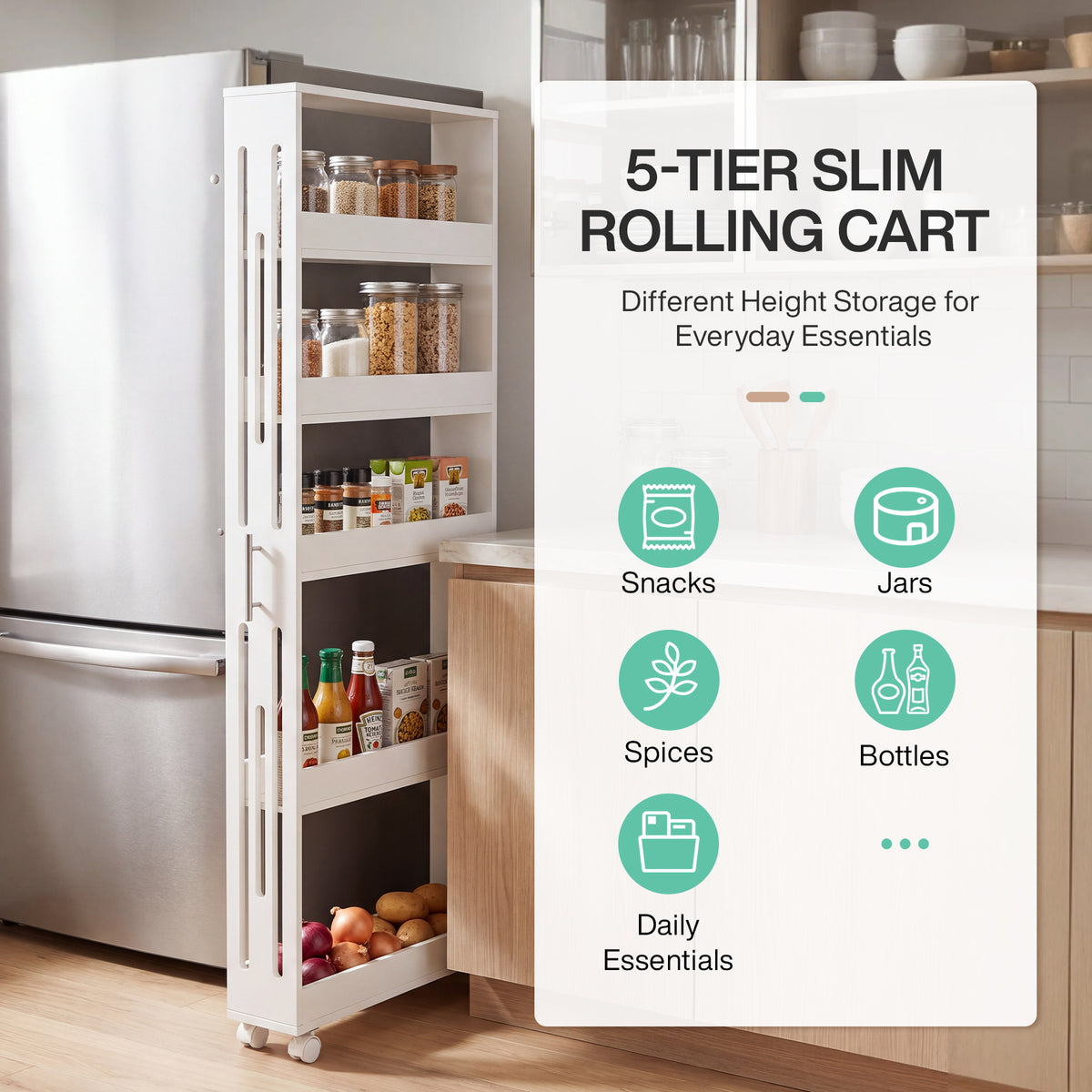 65" Slim Storage Cart on Wheels, 5-Tier Kitchen Cart Skinny Utility Mobile Shelf Organizer
