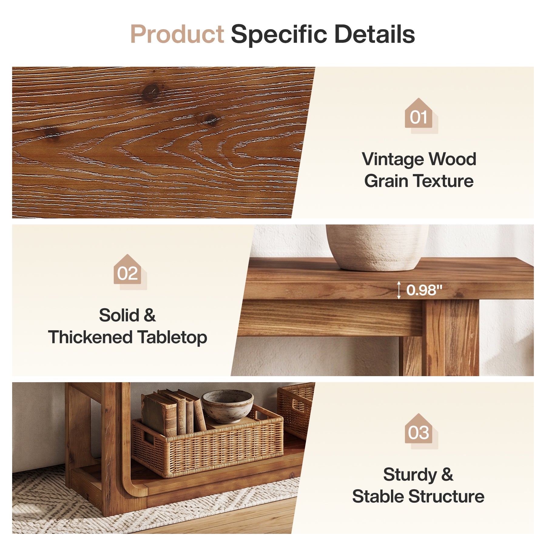 55" Solid Wood Console Table, 3-Tier Farmhouse Accent Sofa Table for Entryway
