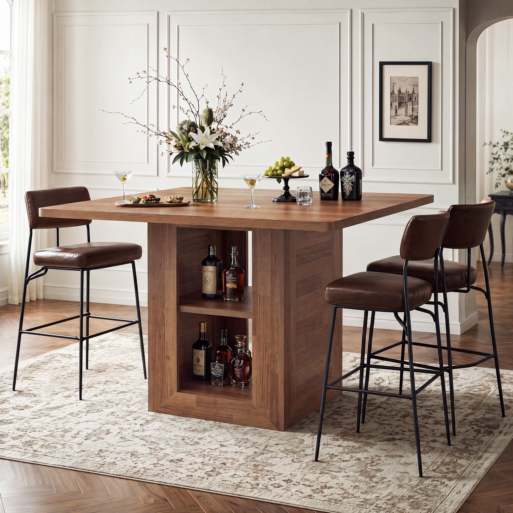 47" Square Counter Height Bar Table, Mid-Century Thick Pedestal Base, Storage, Pub Table
