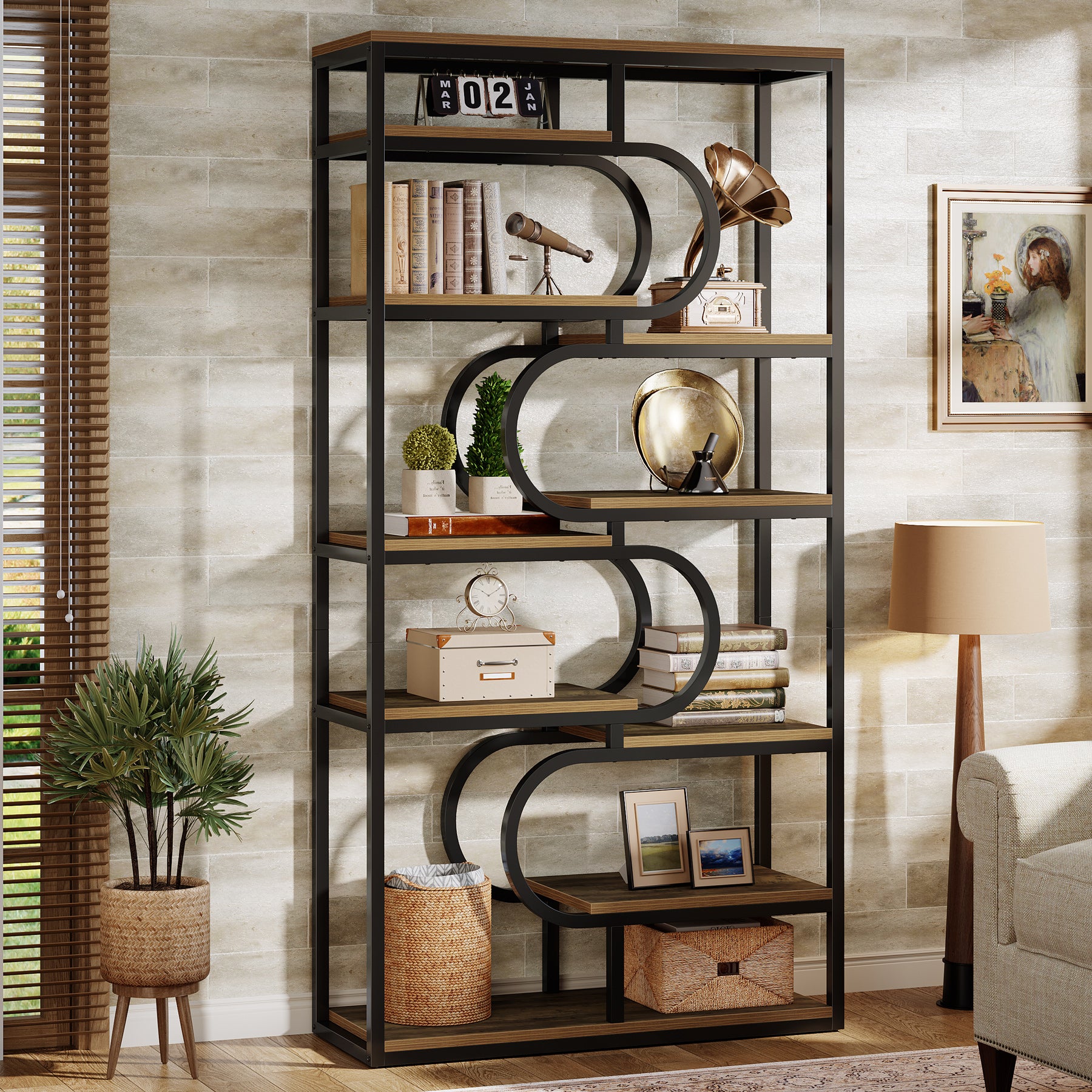 71" Bookshelf, Industrial Etagere Bookcase with Open Storage Shelves