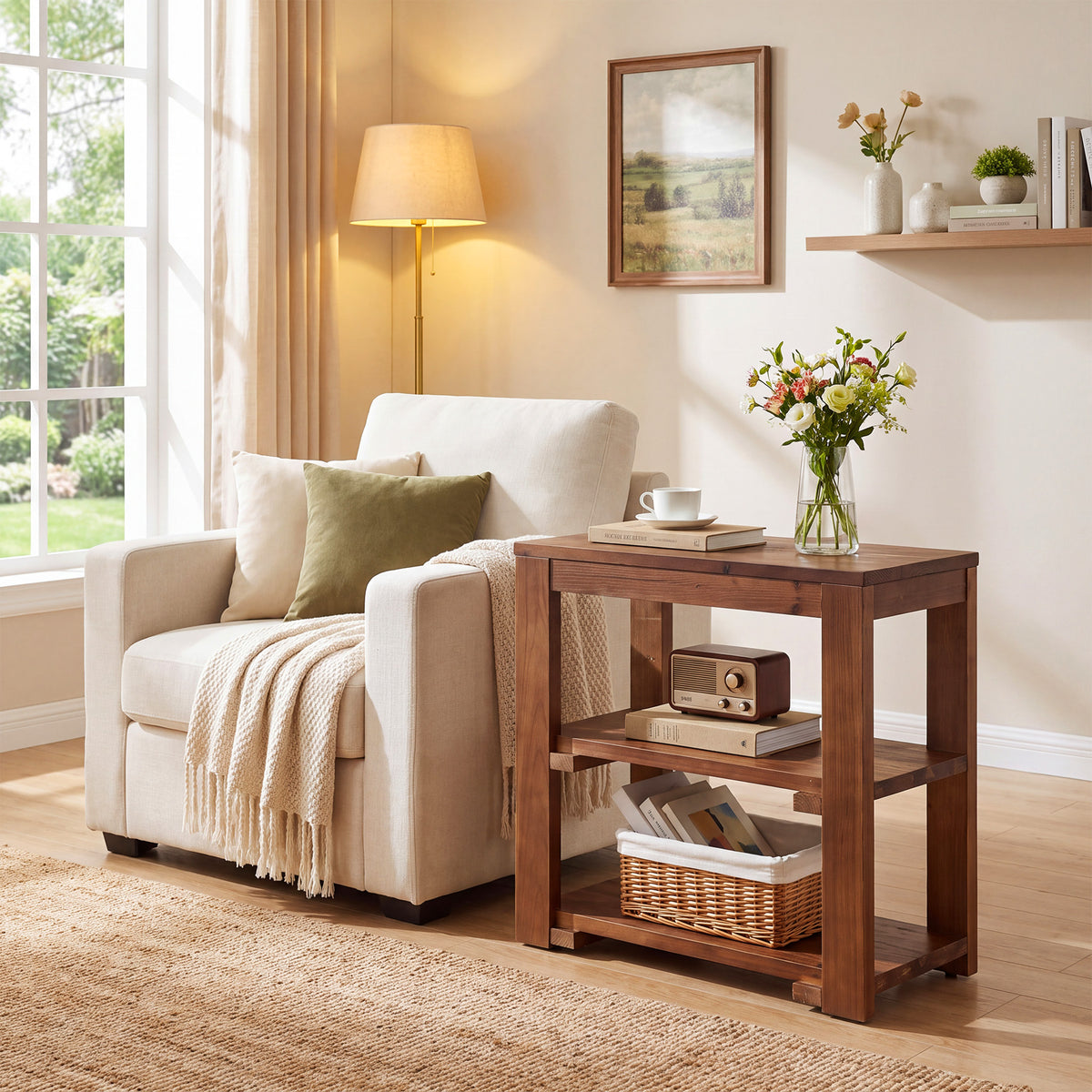 Farmhouse Solid Wood Side Table, 3-Tier Rectangular End Table with Storage
