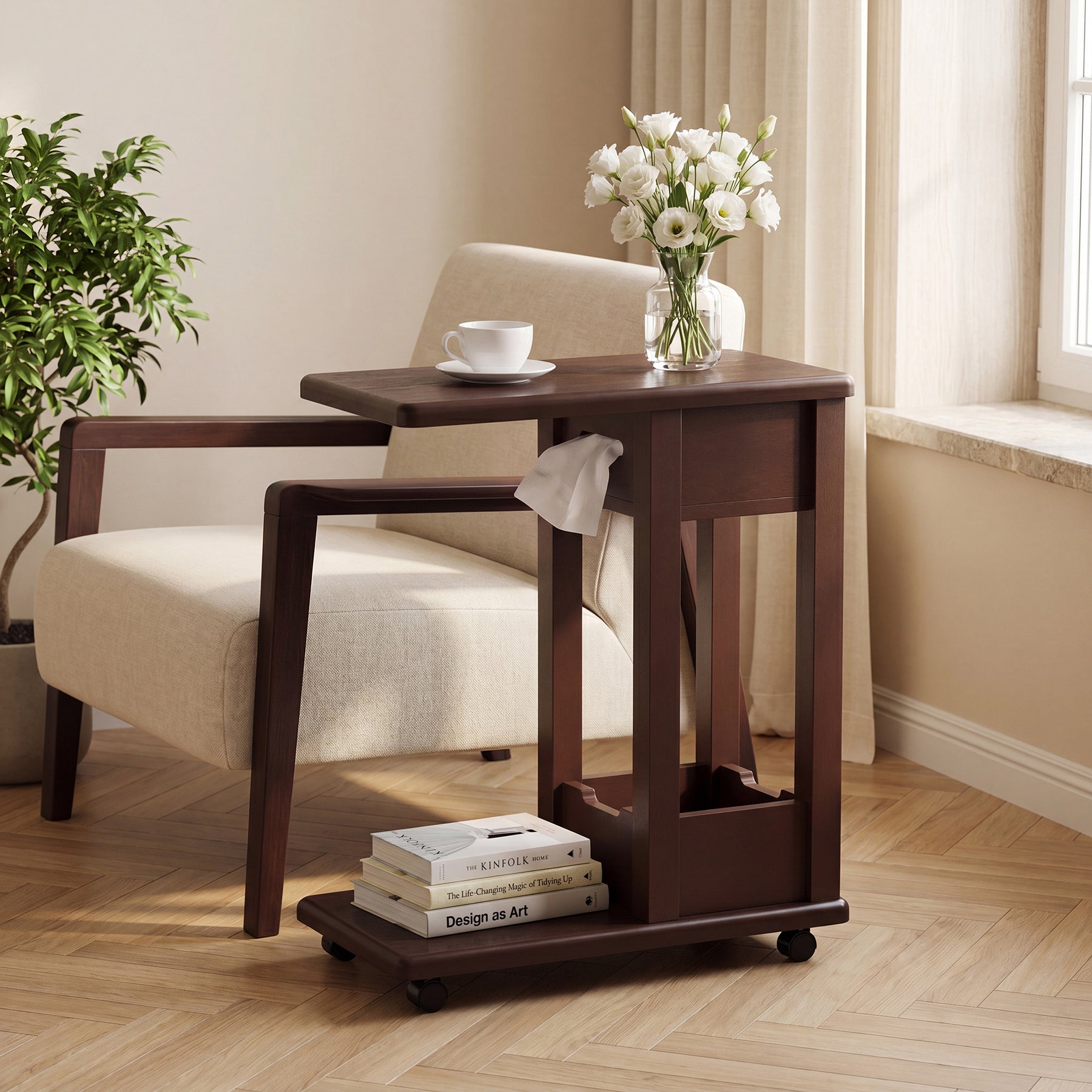 C-Shaped Side Table, 2-Tier Rolling Sofa End Table with Swivel & Lockable Casters