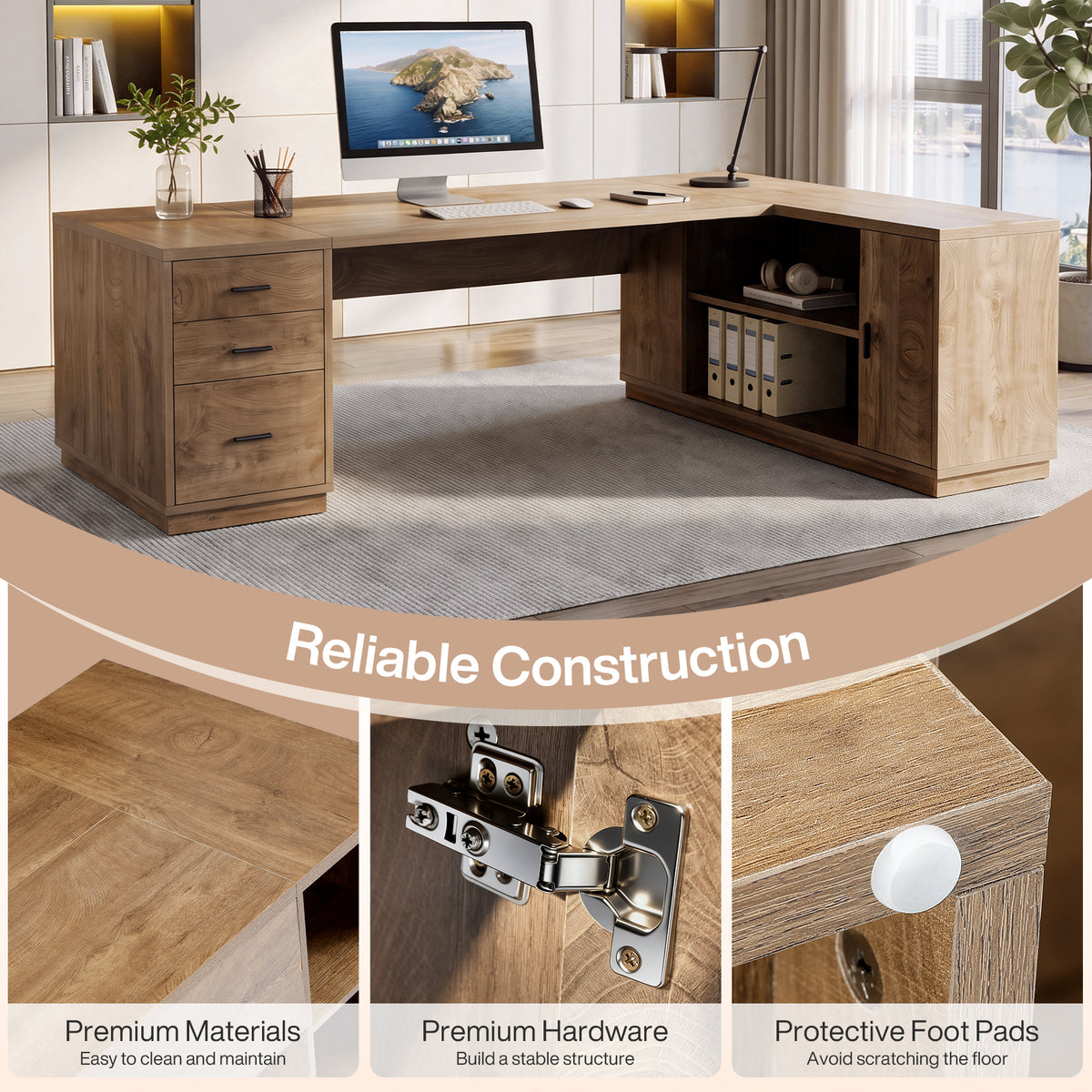 79" L-Shaped Executive Desk, Drawers & Storage Cabinets, Extra Large Corner Desk