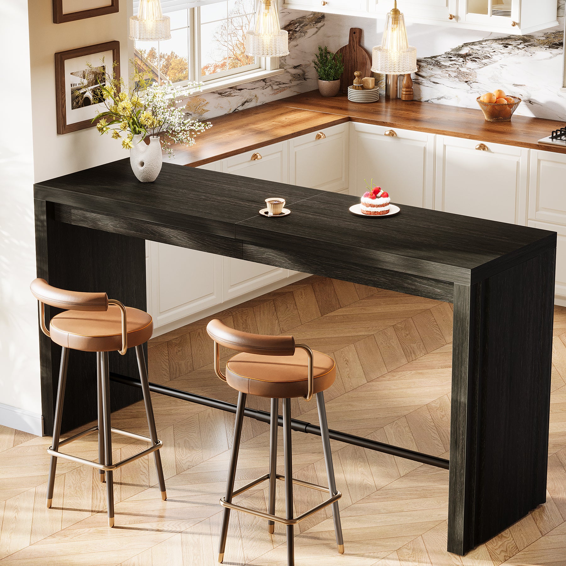 63" Bar Table, Rectangular Counter Height Pub Table with Metal Footrest