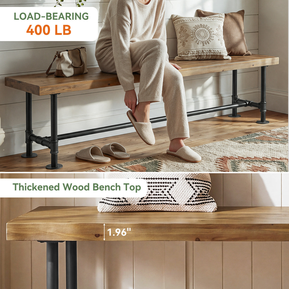 71" Solid Wood Entryway Bench, Industrial Shoe Bench with Metal Pipe Legs for Hallway