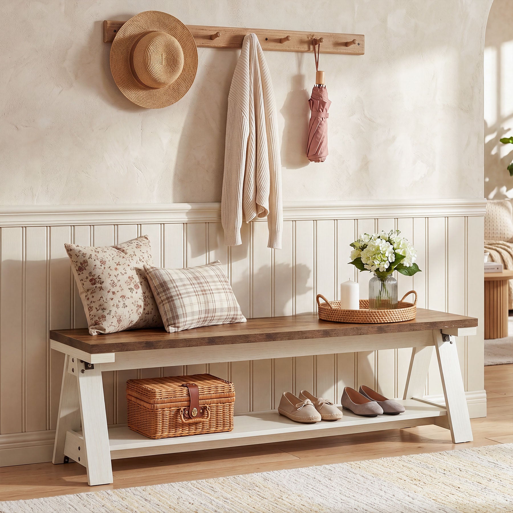 59 Inch Wooden Entryway Bench with Open Shelves, Farmhouse 2-Tier Storage Bench for Hallway