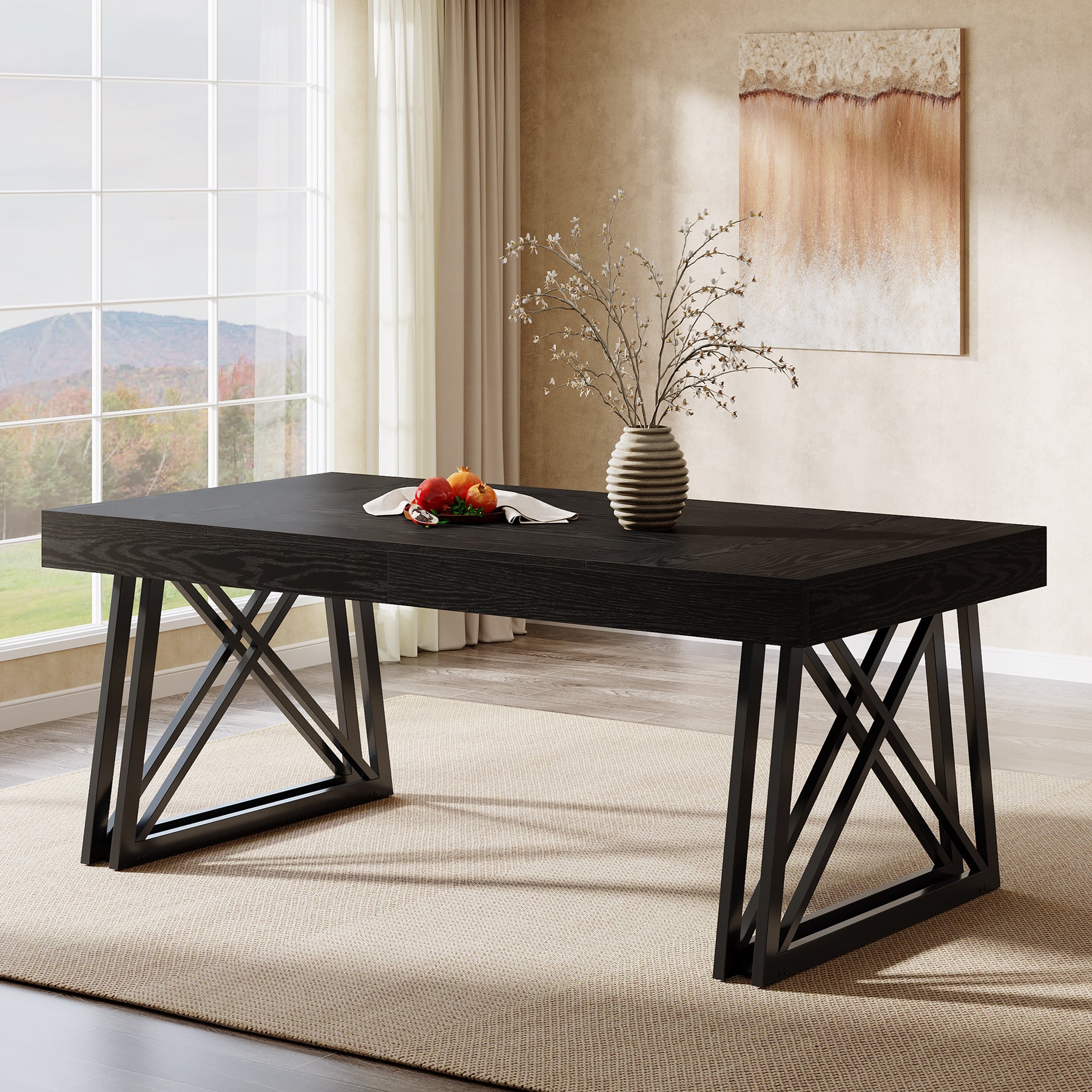 63" Dining Table, Farmhouse Kitchen Table with Sturdy Metal Legs for 4-6