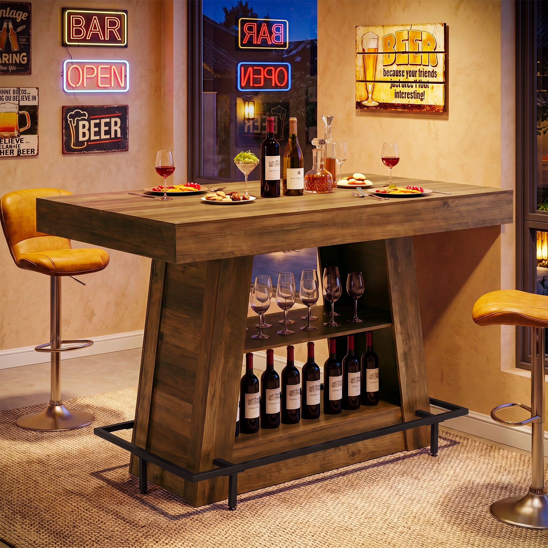 47.2" Rectangular Bar Table, Counter Height Bistro Table with 2-Tier Open Storage Shelves