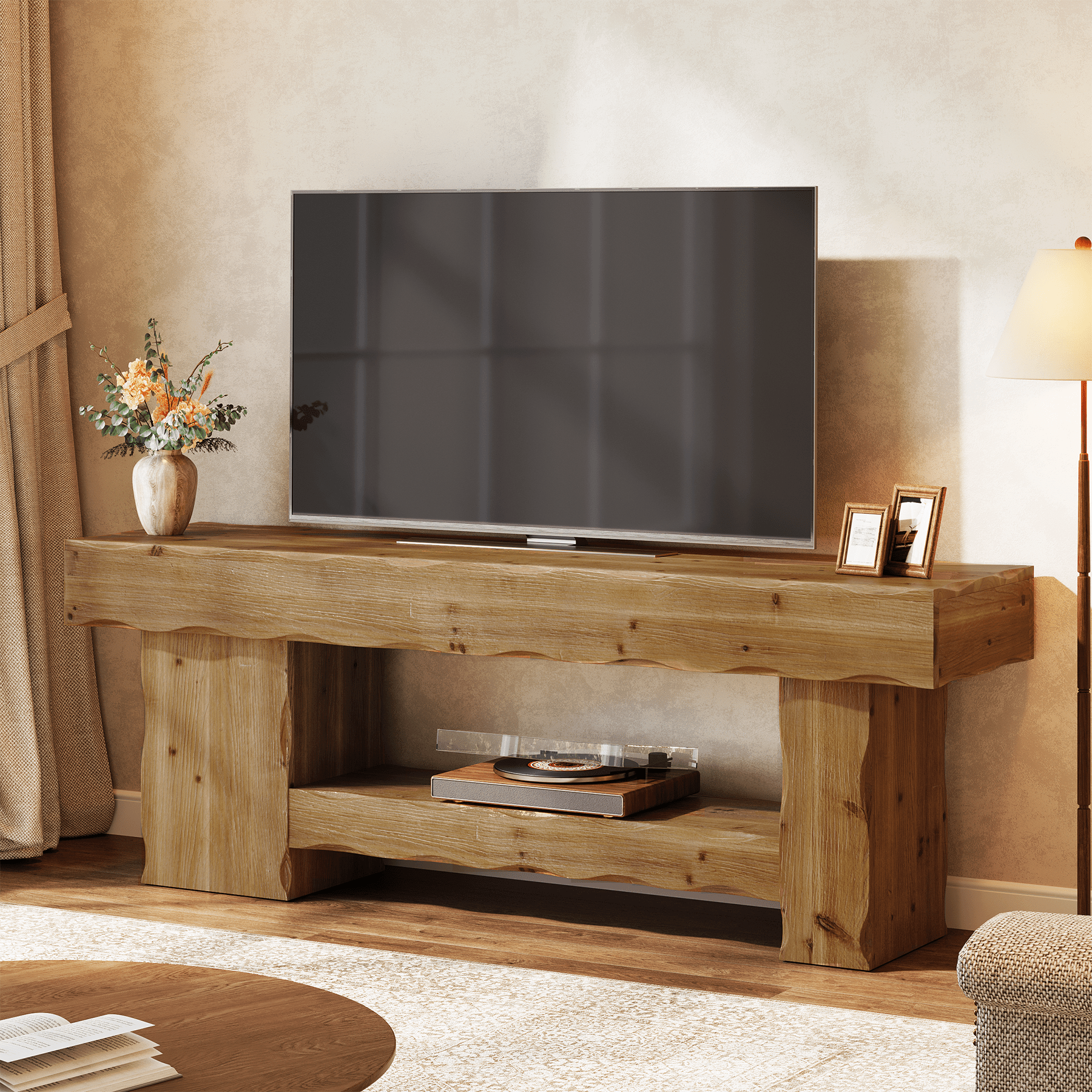 Solid Wood TV Stand for up to 75" TVs, 63" Media Console Entertainment with Shelves