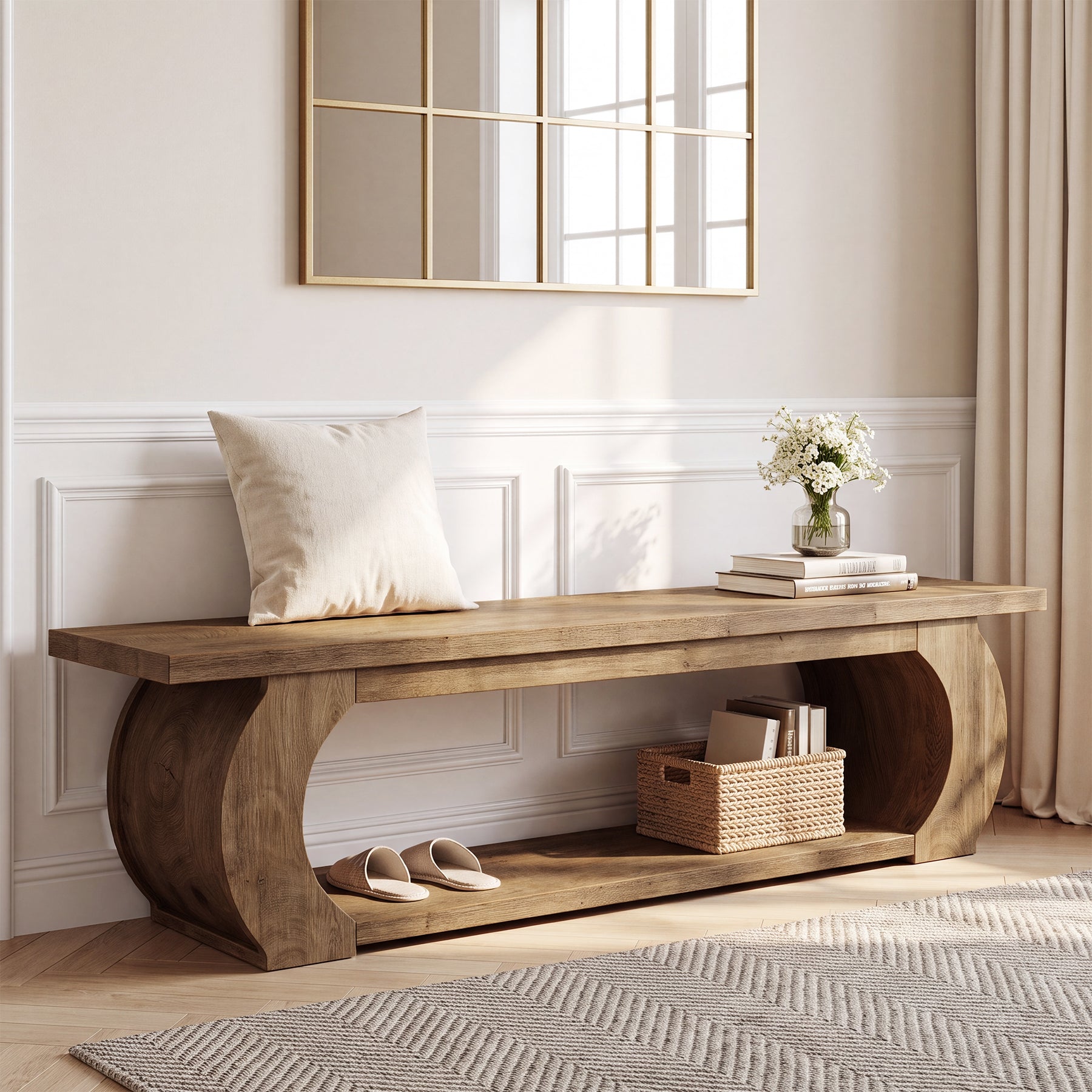 63" Farmhouse Entryway Bench with Storage Shelf, Wooden Shoe Bench